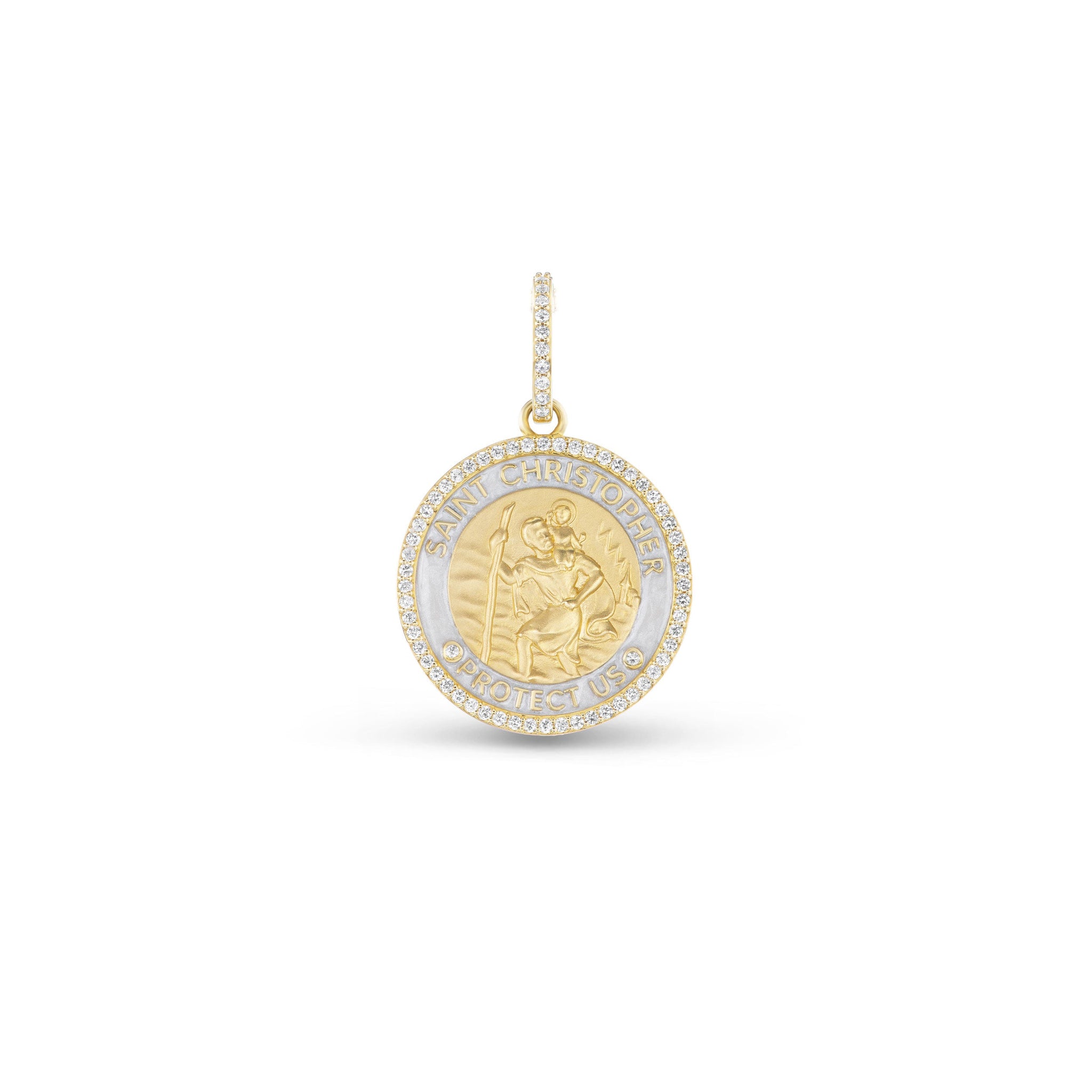 14k St. Christopher "Protect Us" Diamond & White Enamel Pendant Only or on Franco Chain 18"