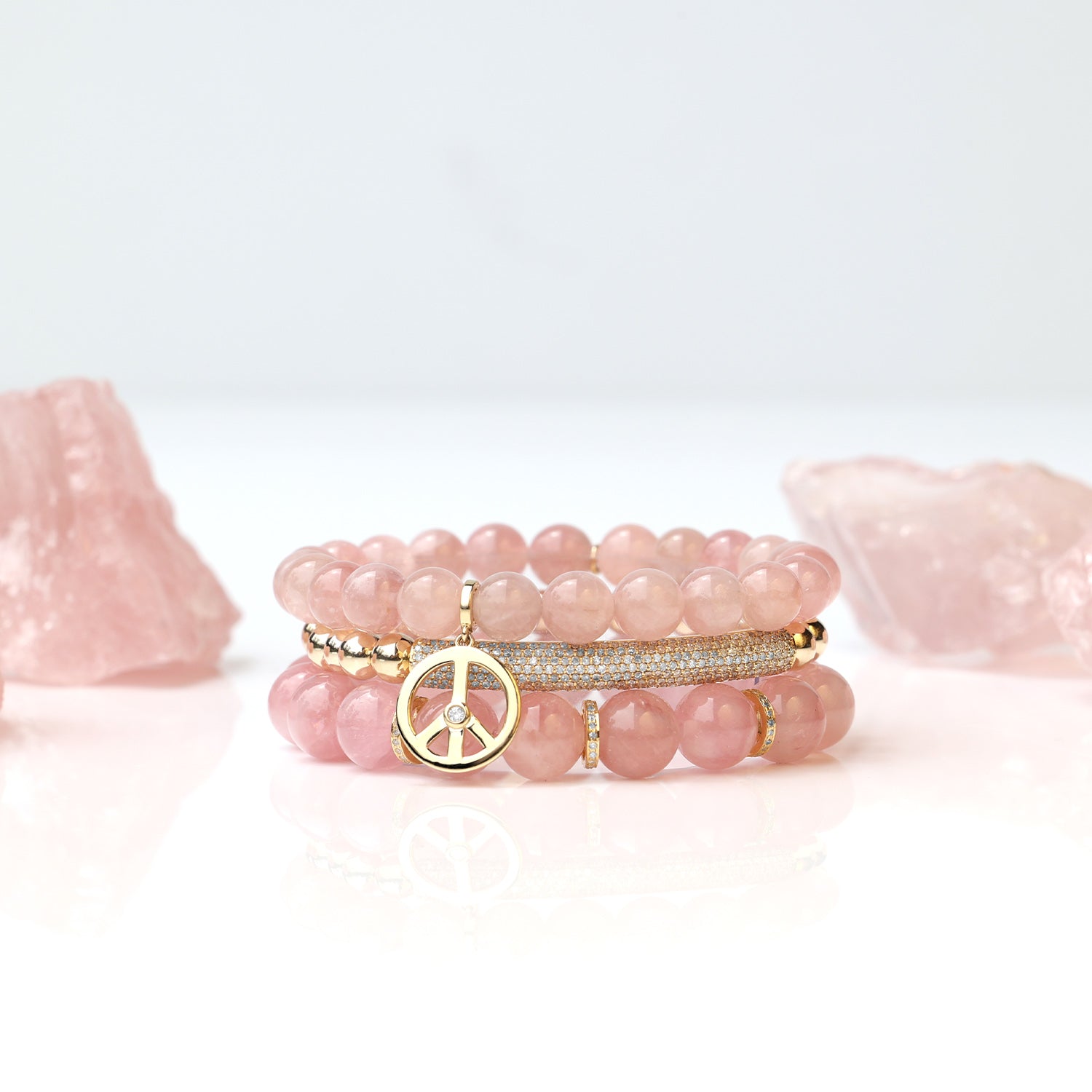 14k Rose Quartz Bracelet with Peace Sign Charm - 8mm BG001331