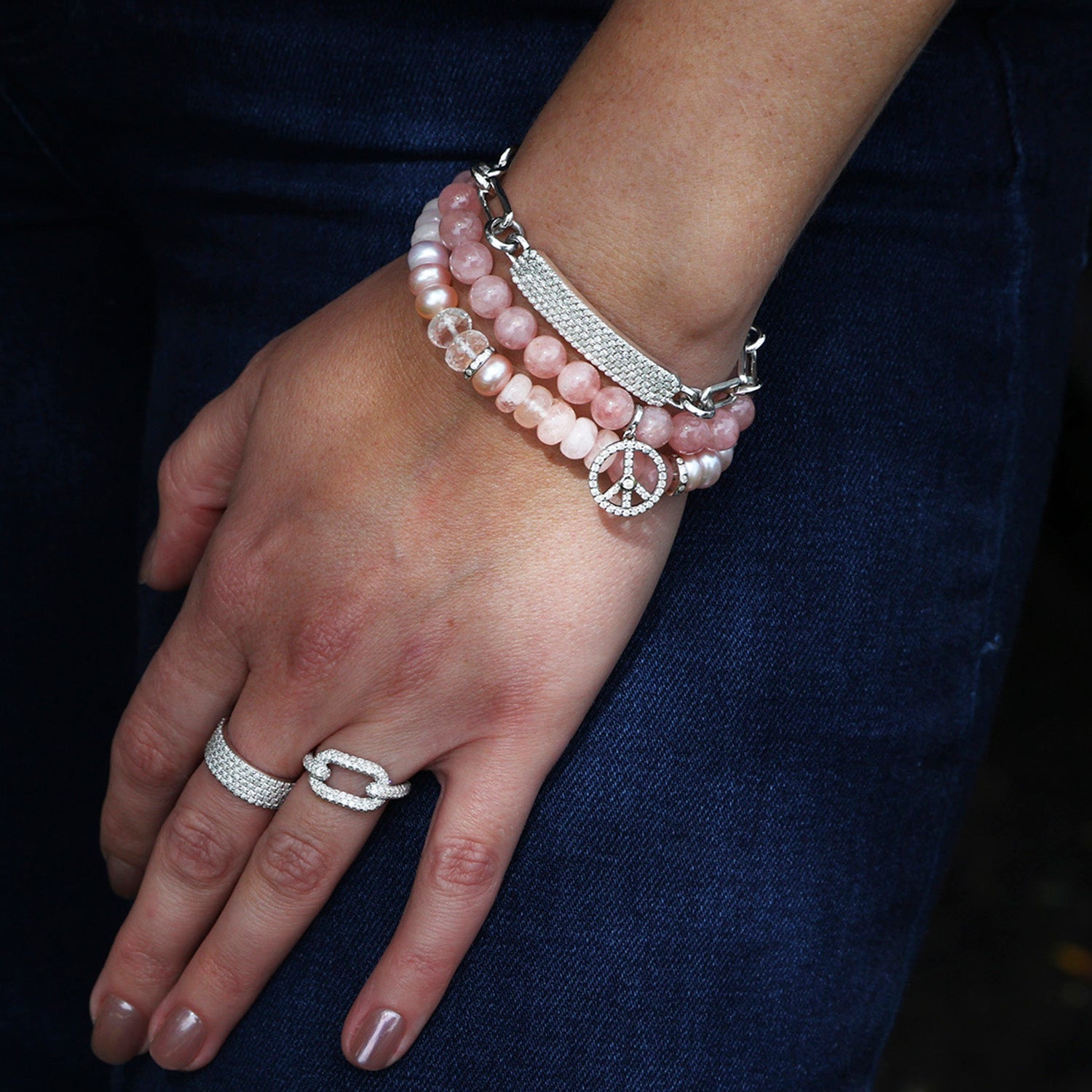 Rose Quartz Bracelet with Diamond Peace Sign Charm - 8mm B0004289