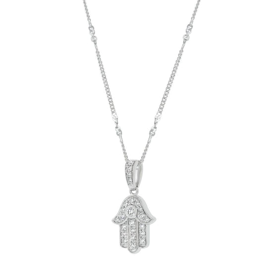 14K White Gold 0.25 carat Diamonds HAMSA HAND Necklace