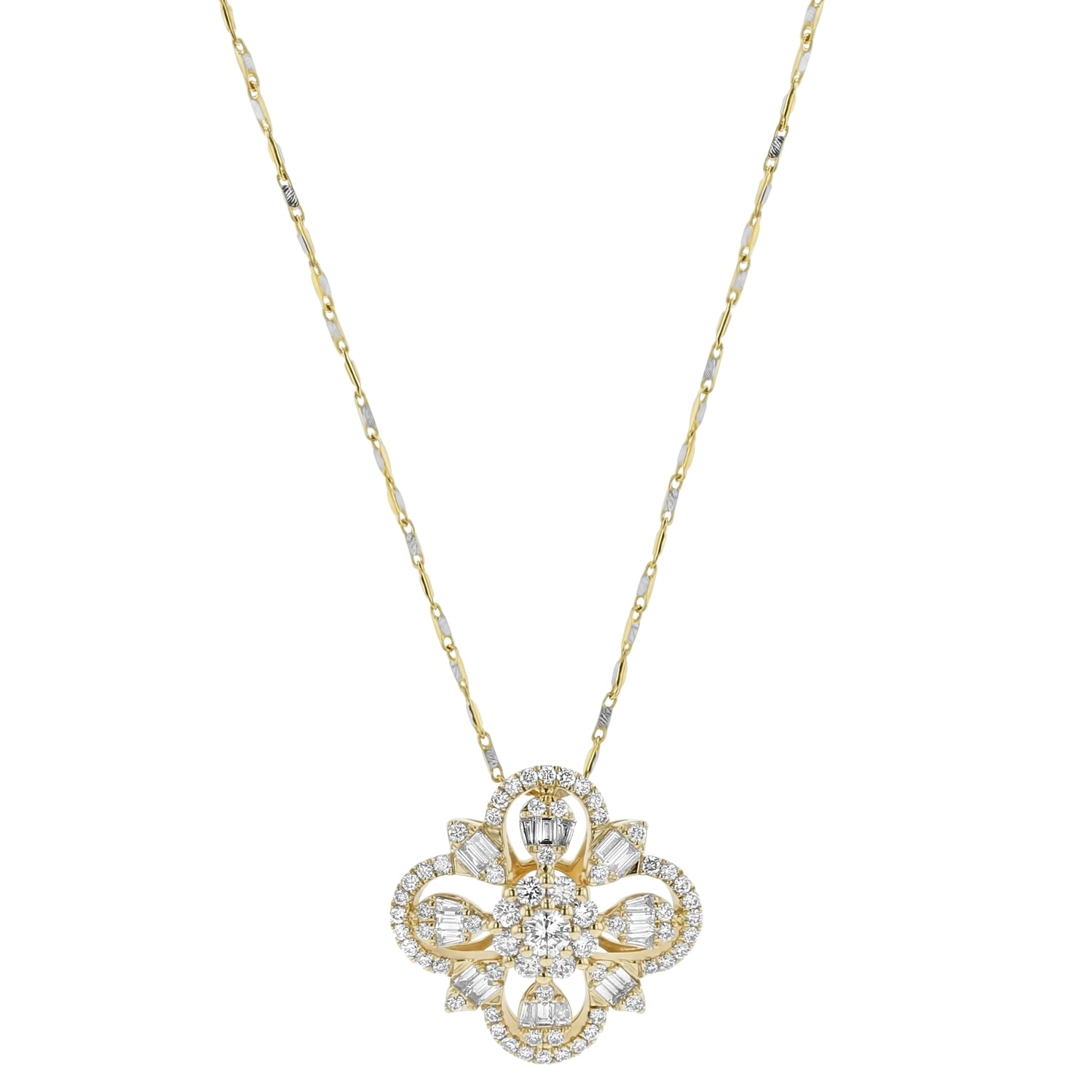 14K Yellow Gold 1.20 carats Baguette and Round Cut Diamonds Necklace