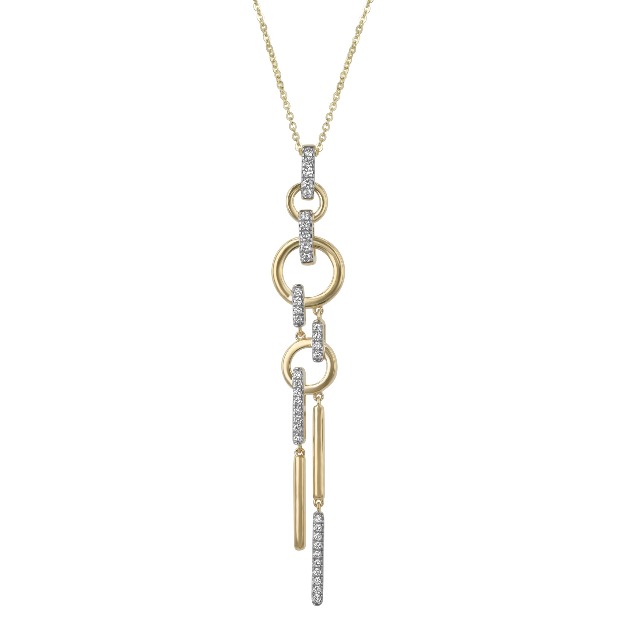 14K Yellow Gold 0.35 carat White Diamonds Crcles and Sticks Drop Necklace