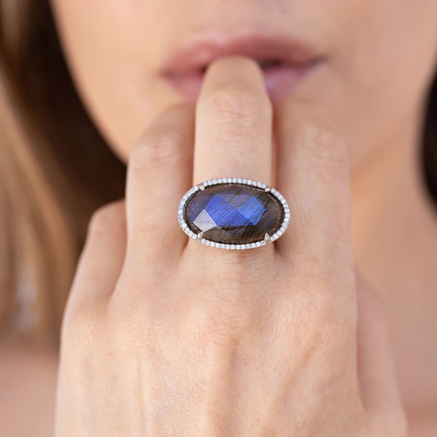 Labradorite Diamond Halo East West Ring R0019 - TBird