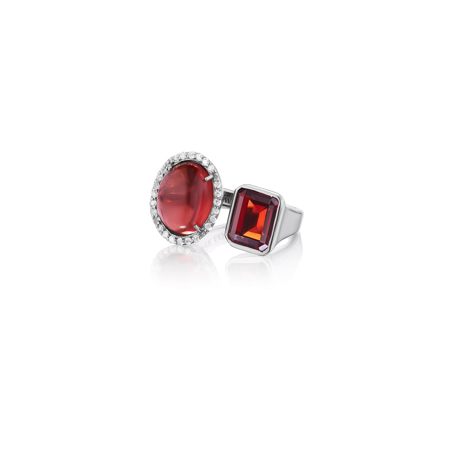 Diamond Halo Two Stone Ring - Garnet & Red Tourmaline
