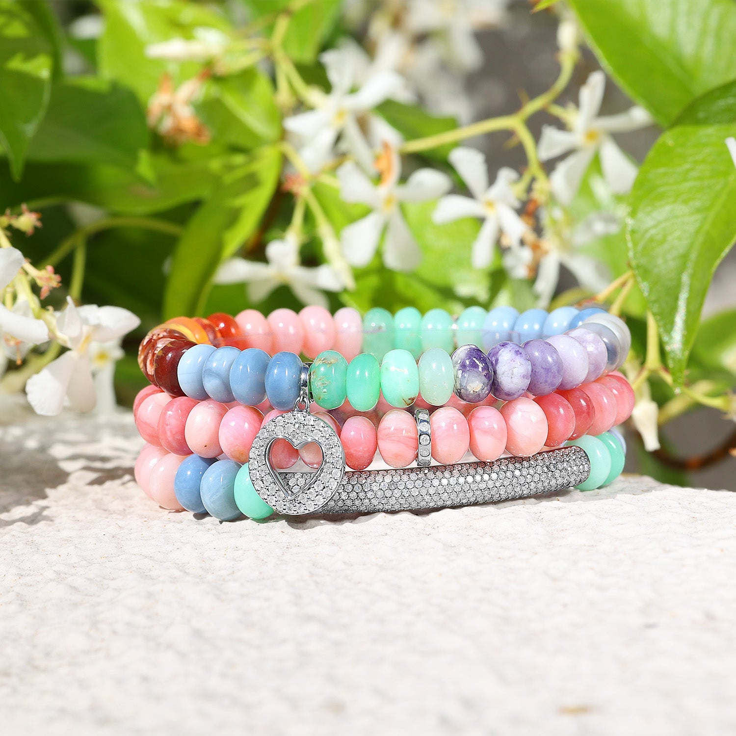 Rainbow Opal Mix Bracelet with Diamond Open Heart Charm - 8mm B0004299