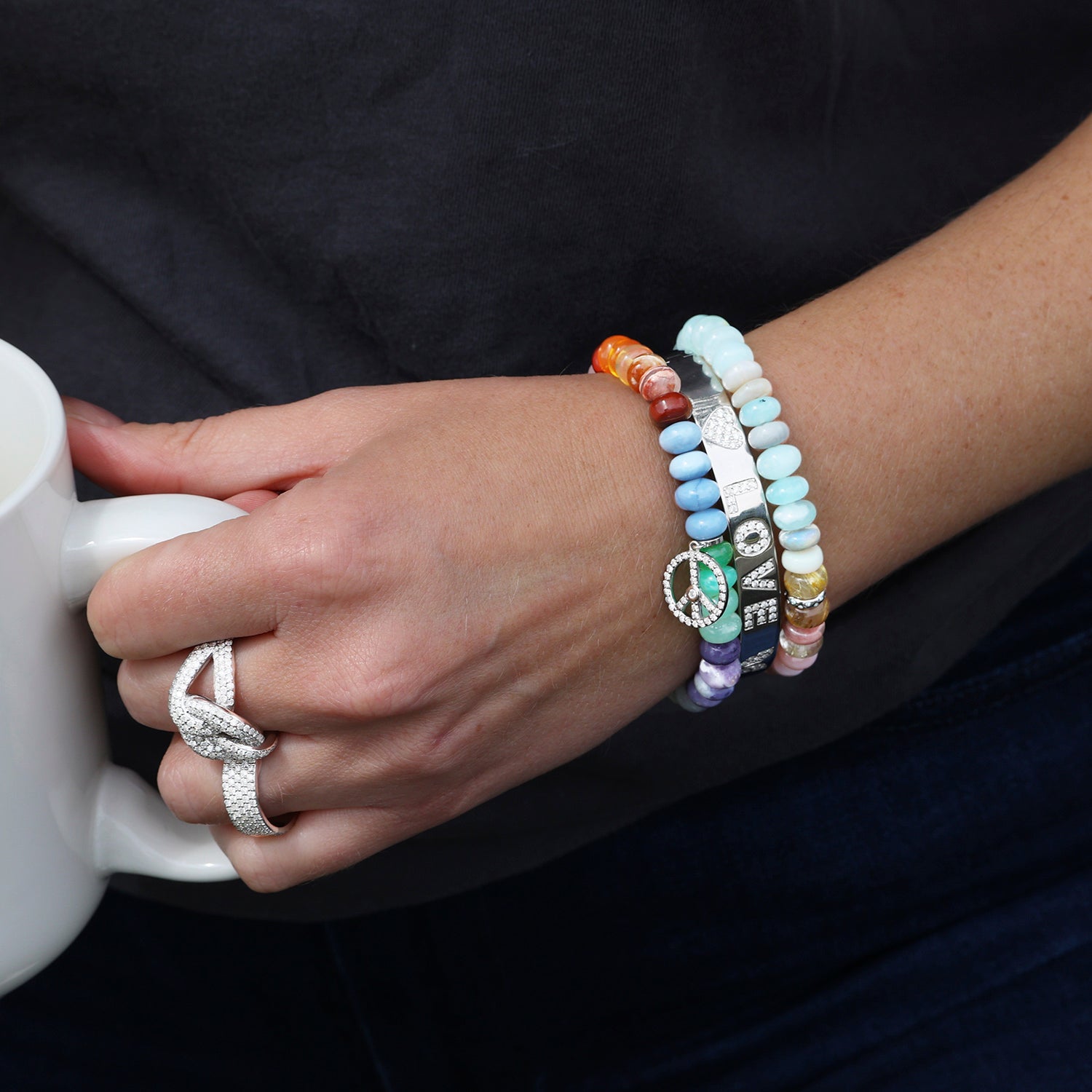 Rainbow Opal Mix Bracelet with Diamond Peace Sign Charm - 8mm B0004292