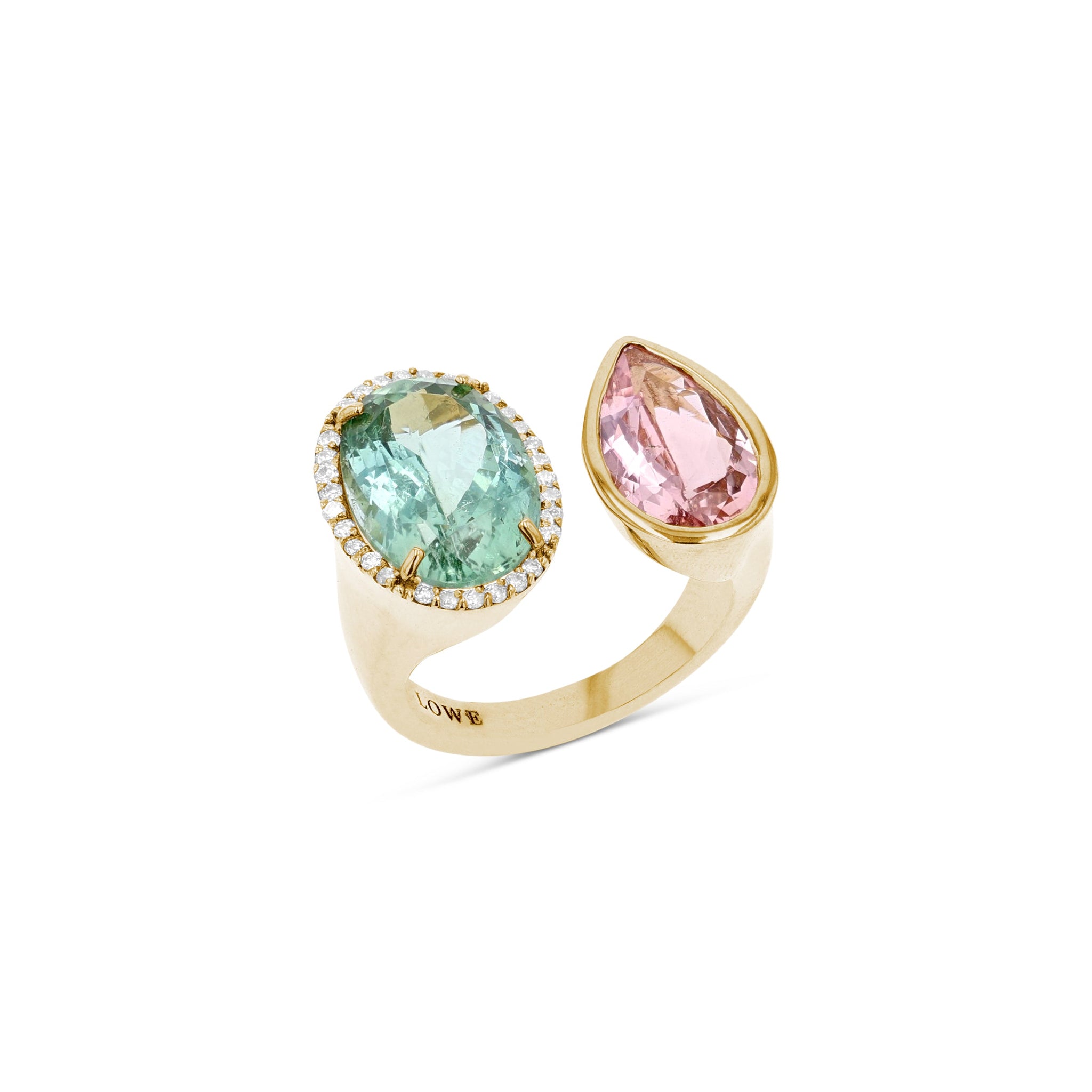 14k Diamond Halo Two Stone Ring - Green & Pink Tourmaline - One of a Kind