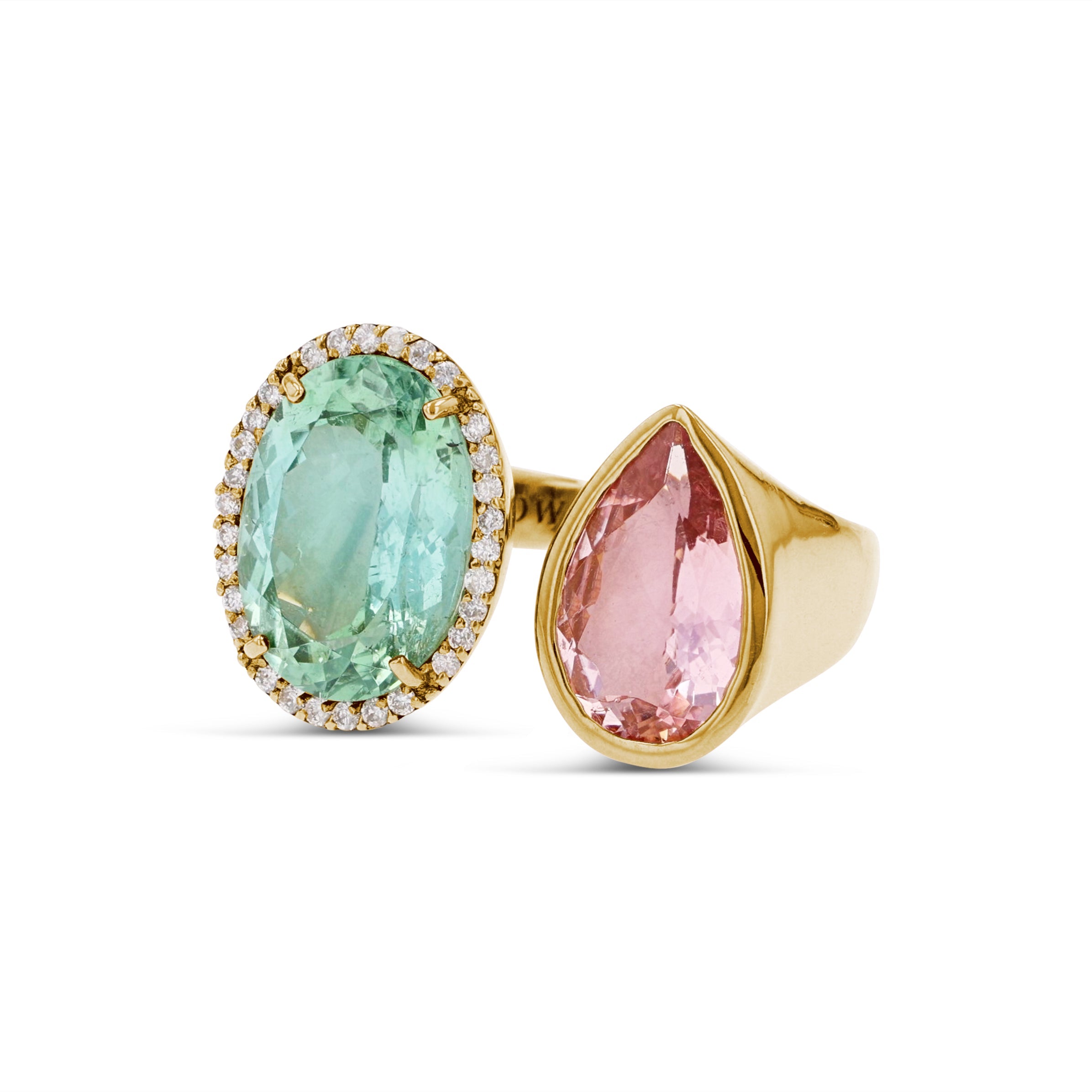 14k Diamond Halo Two Stone Ring - Green & Pink Tourmaline - One of a Kind