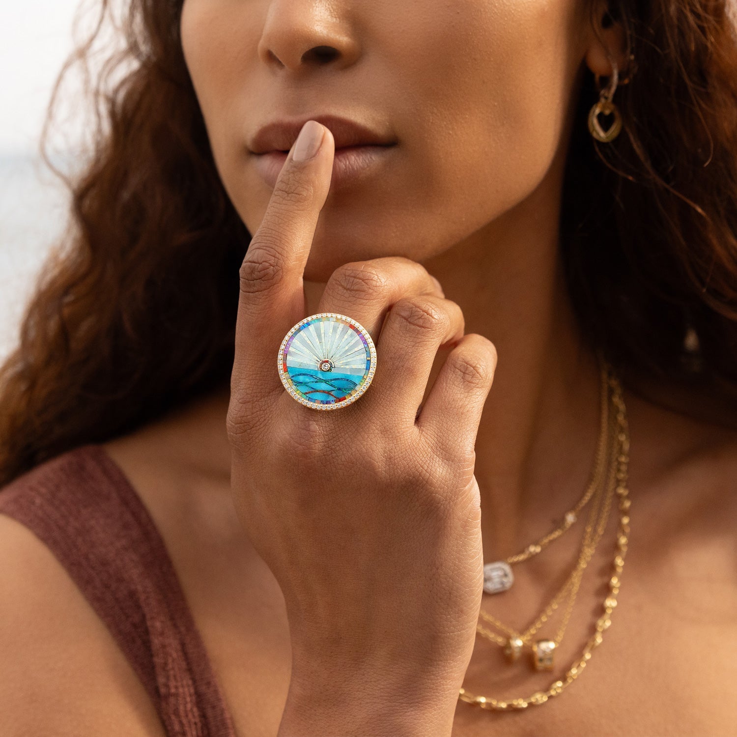 14k Opal and Turquoise Inlay Sunset with Diamond Bezel Ring
