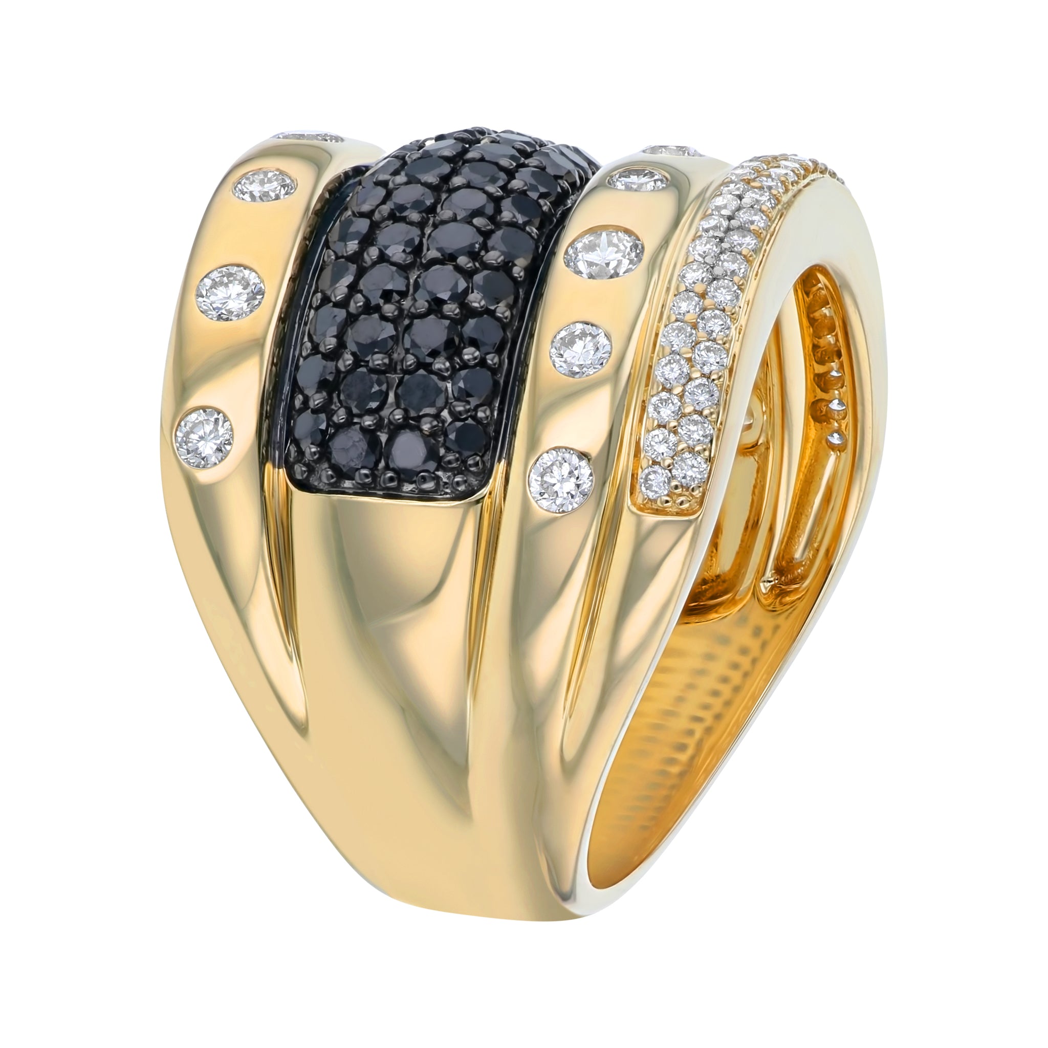 14K Yellow Gold 1.75 carat Black and White Diamonds Wide Multi-Band Ring