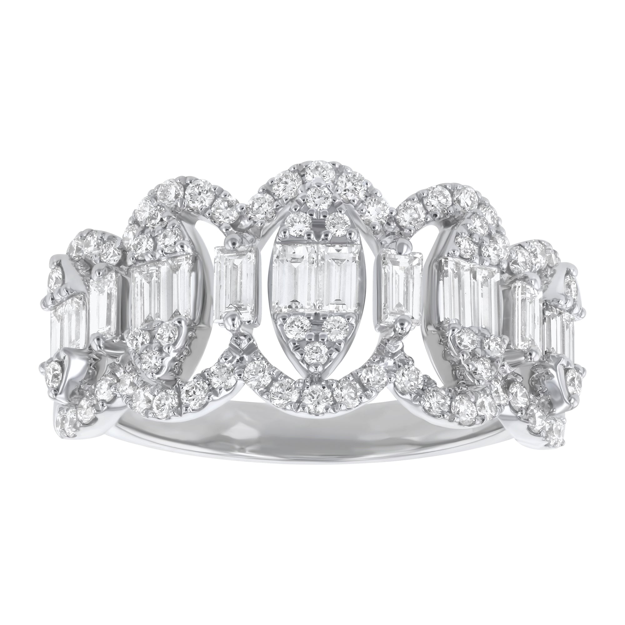 14K White Gold 1.10 carat Baguette and Round Diamonds Wide Band Ring