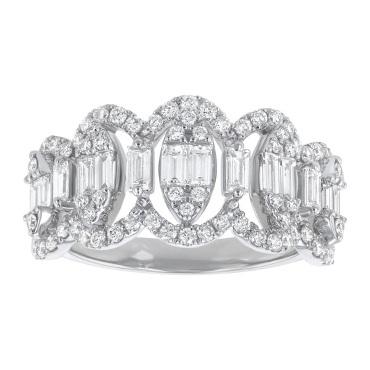 14K White Gold 1.10 carat Baguette and Round Diamonds Wide Band Ring