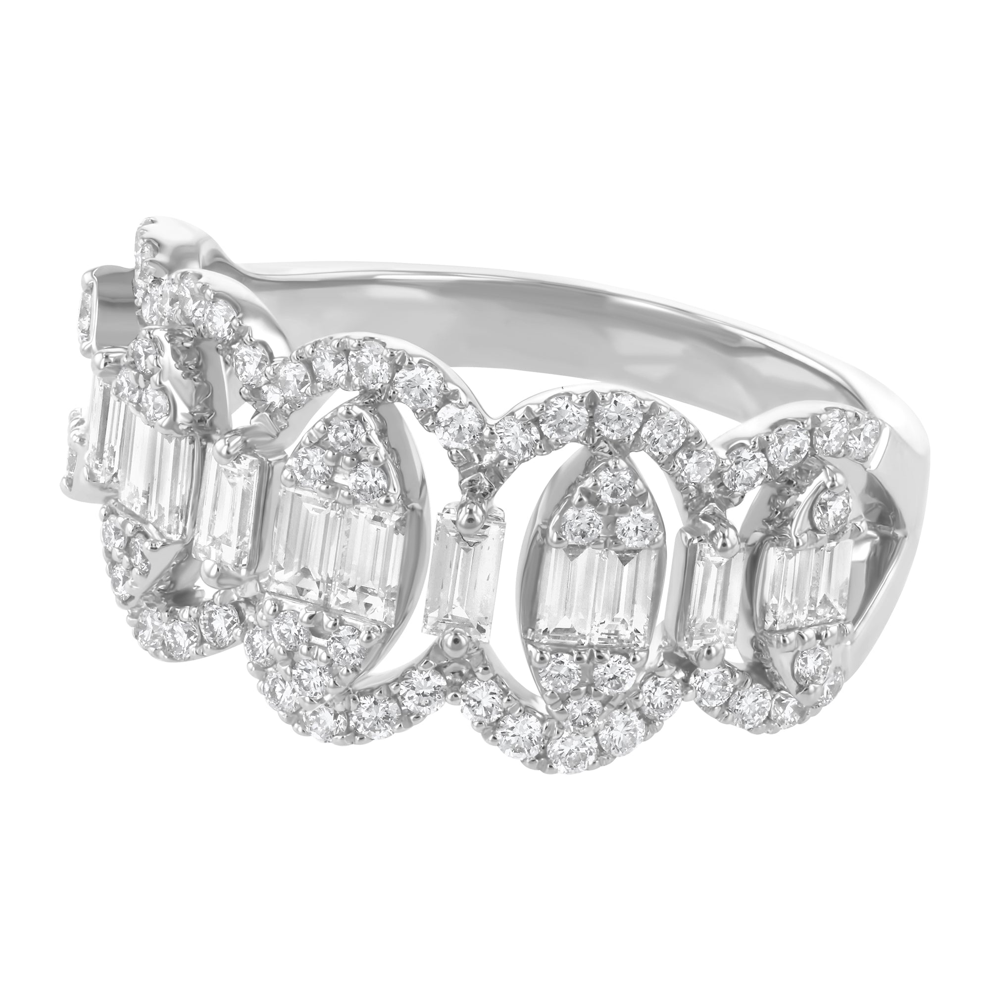 14K White Gold 1.10 carat Baguette and Round Diamonds Wide Band Ring