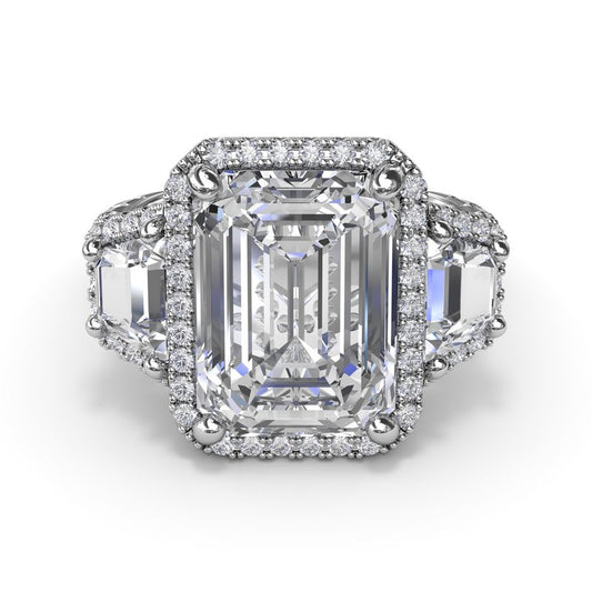 Three Stone Halo Trapezoid Engagement Ring S4280 - TBird