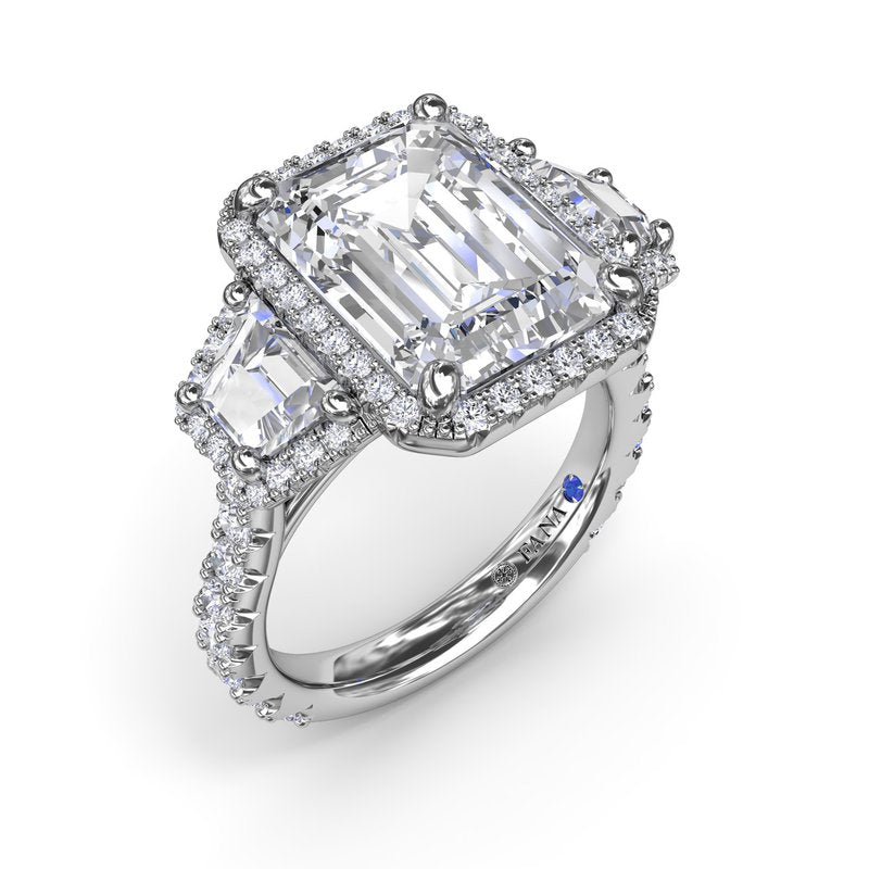 Three Stone Halo Trapezoid Engagement Ring S4280 - TBird