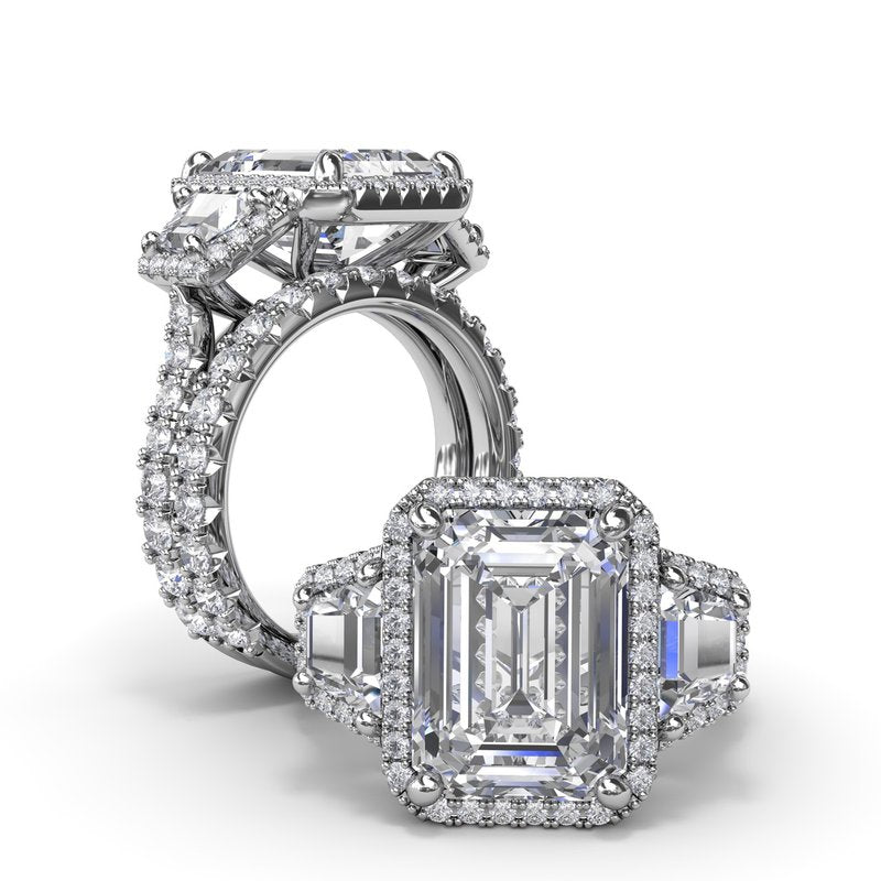 Three Stone Halo Trapezoid Engagement Ring S4280 - TBird