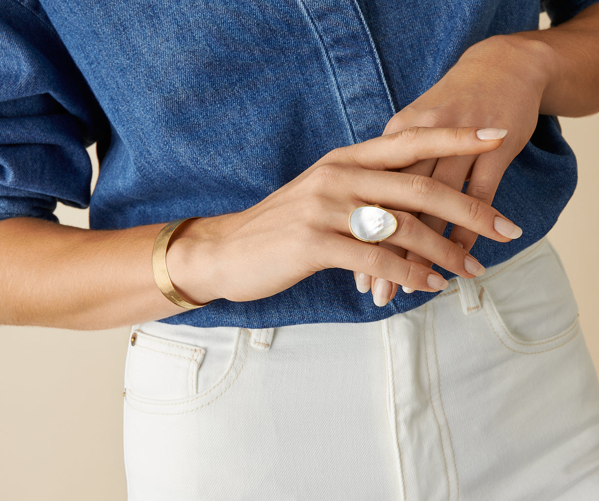 Cocktail ring with white, Lunaria mother of pearl