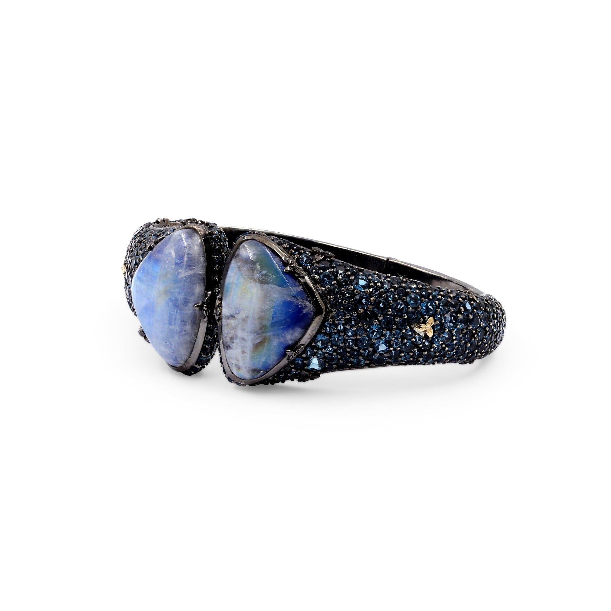 garden-of-stephen-rainbow-moonstone-and-london-blue-topaz-open-and-close-bangle-in-sterling-silver-with-18k-gold-flowers