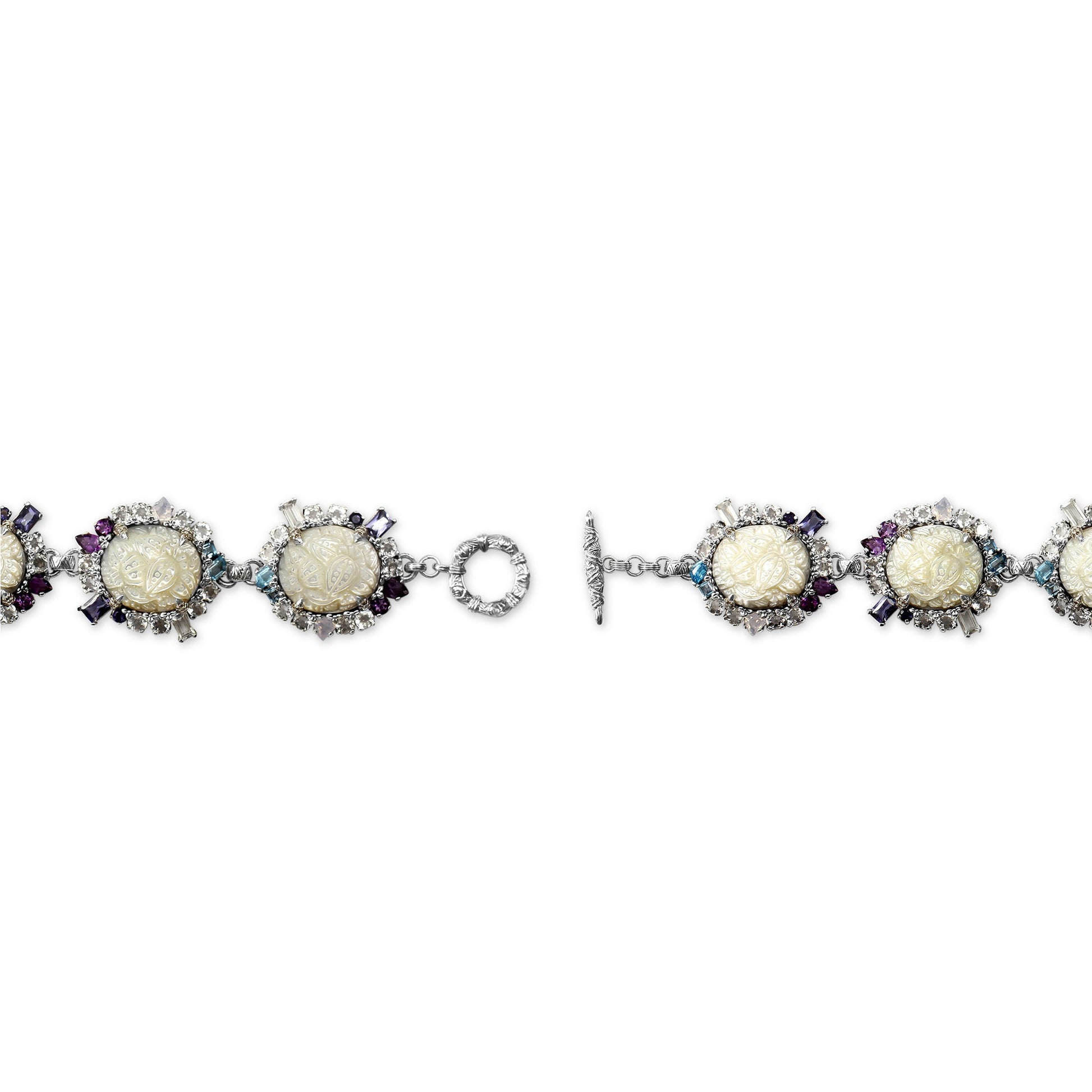 carventurous-hand-carved-mother-of-pearl-lavender-moon-quartz-amethyst-iolite-blue-and-white-topaz-bracelet-in-sterling-silver