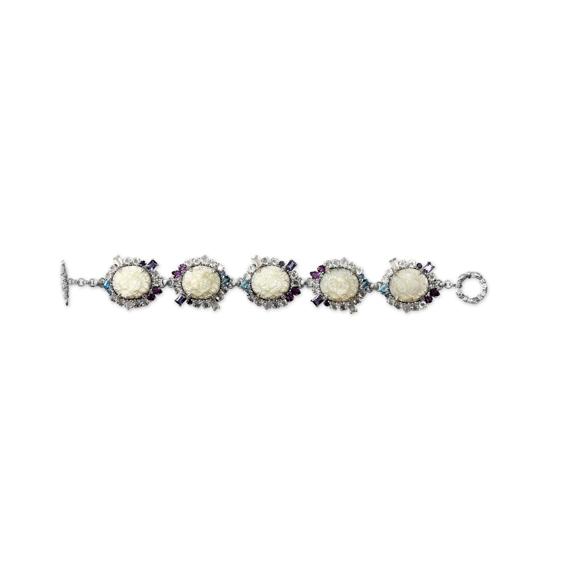 carventurous-hand-carved-mother-of-pearl-lavender-moon-quartz-amethyst-iolite-blue-and-white-topaz-bracelet-in-sterling-silver