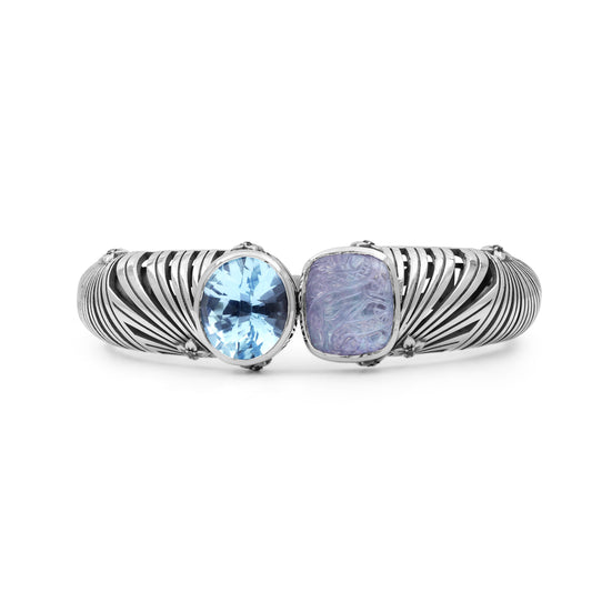 carventurous-faceted-blue-topaz-hand-carved-natural-quartz-mother-of-pearl-and-green-agate-open-and-close-bangle-in-sterling-silver