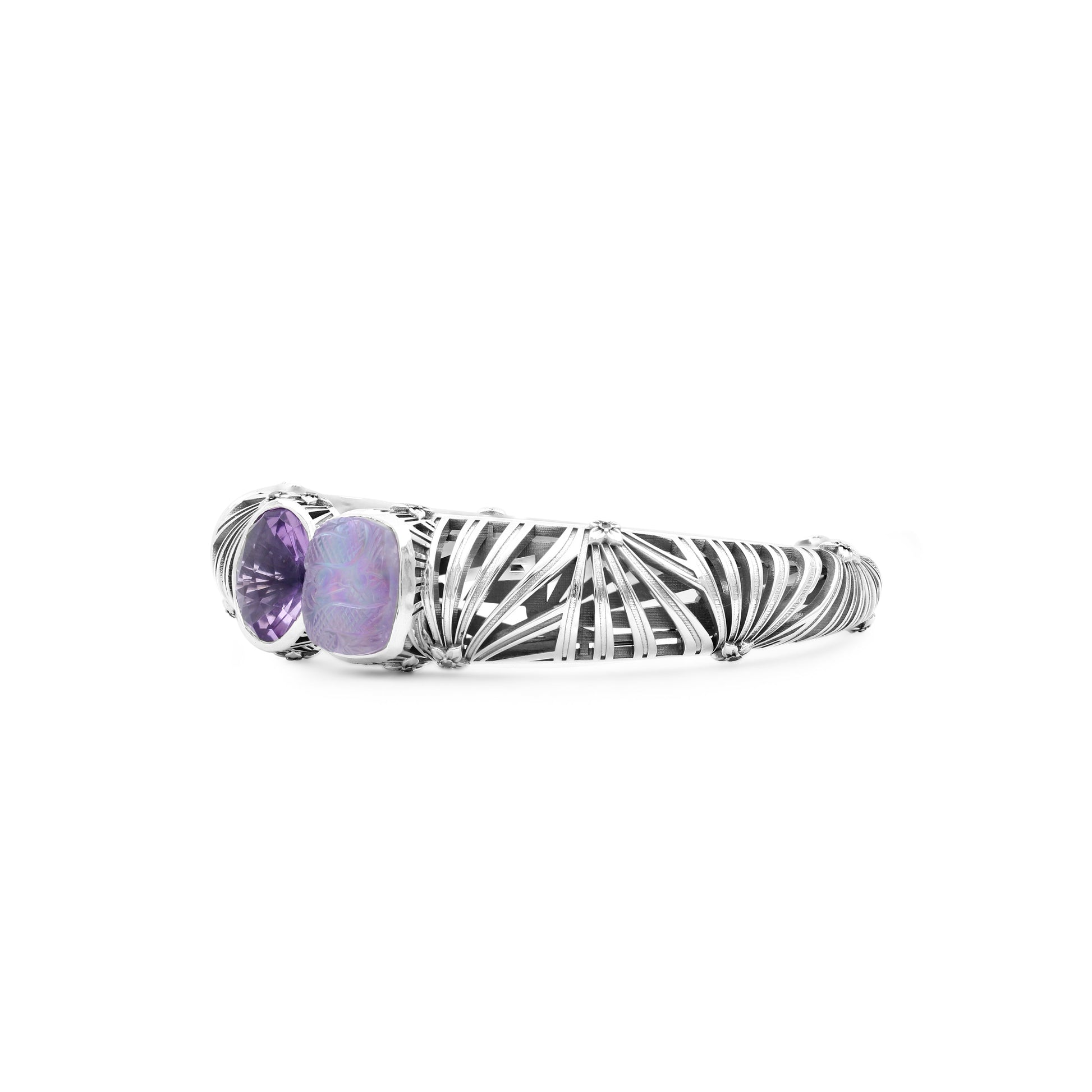 carventurous-faceted-amethyst-hand-carved-natural-quartz-mother-of-pearl-and-amethyst-open-and-close-bangle-in-sterling-silver