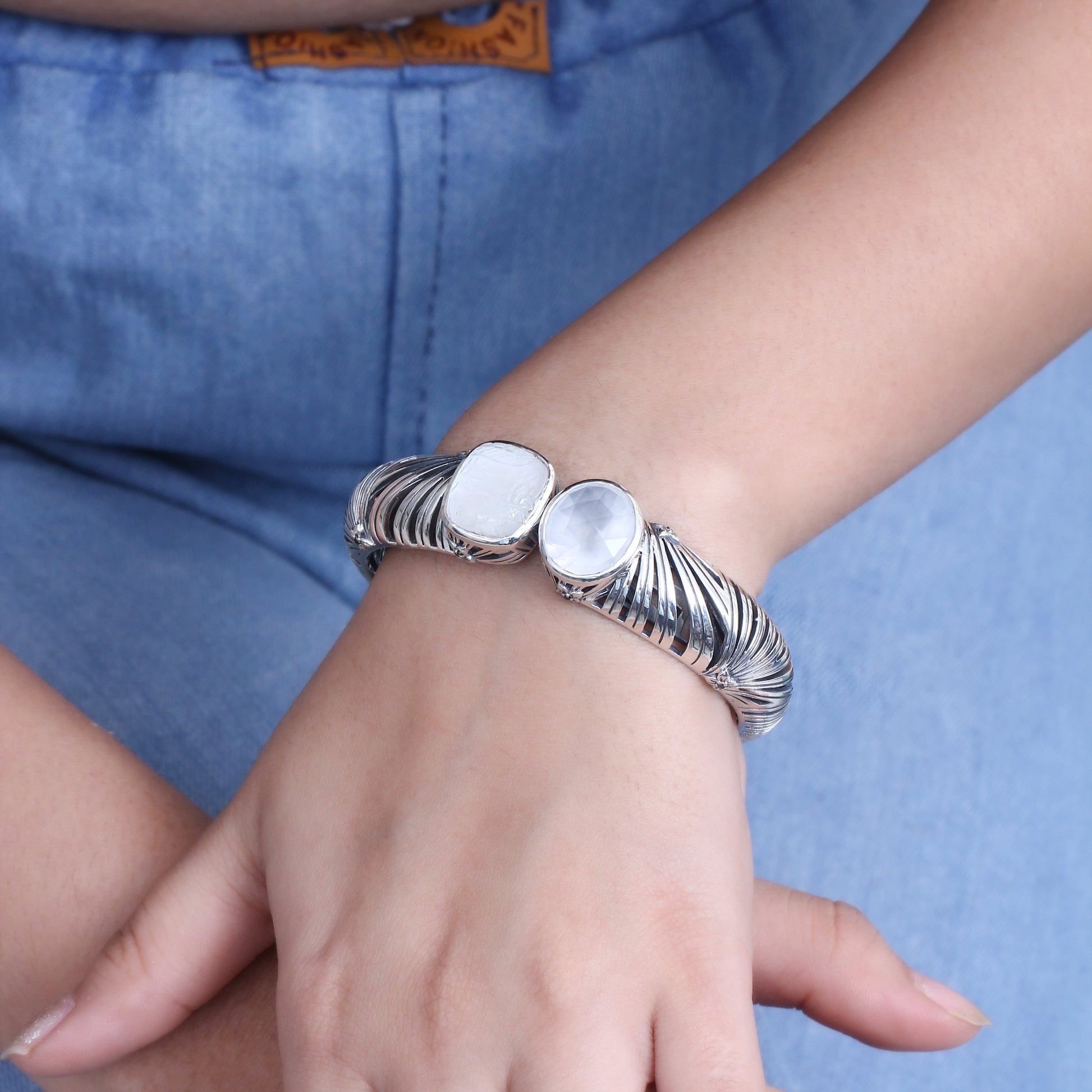 carventurous-faceted-moon-quartz-hand-carved-natural-quartz-and-mother-of-pearl-open-and-close-bangle-in-sterling-silver