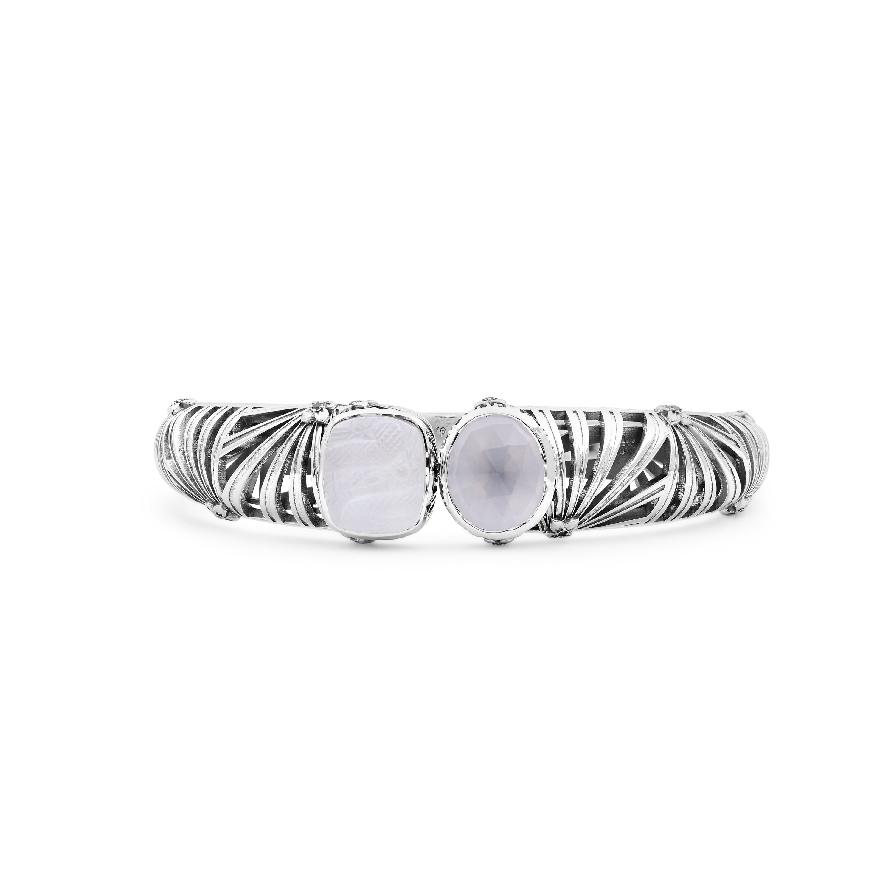 carventurous-faceted-moon-quartz-hand-carved-natural-quartz-and-mother-of-pearl-open-and-close-bangle-in-sterling-silver
