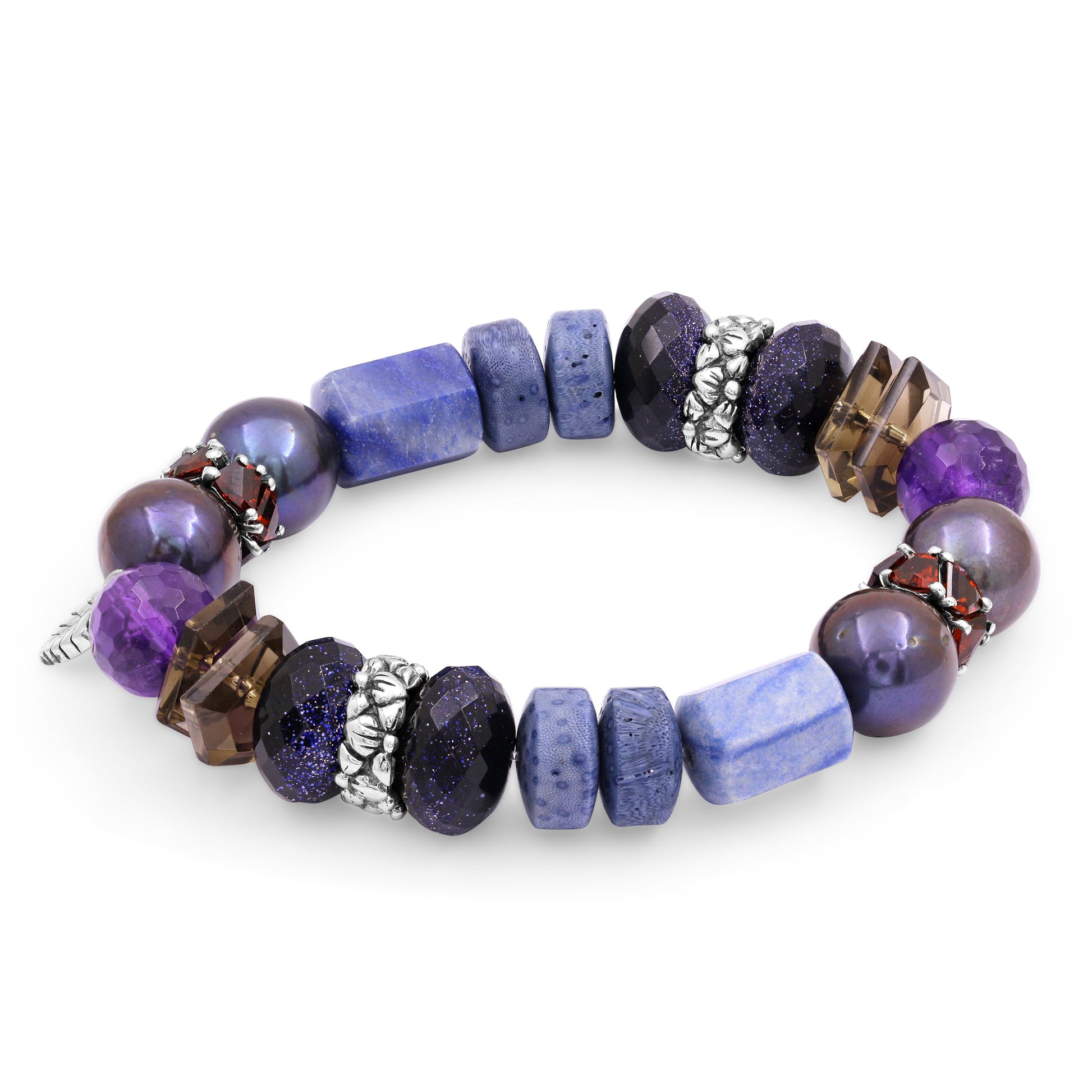 terraquatic-amethyst-peacock-pearl-brown-topaz-shard-smooth-blue-coral-smooth-blue-blue-rhodolite-stretch-bracelet-in-sterling-silver