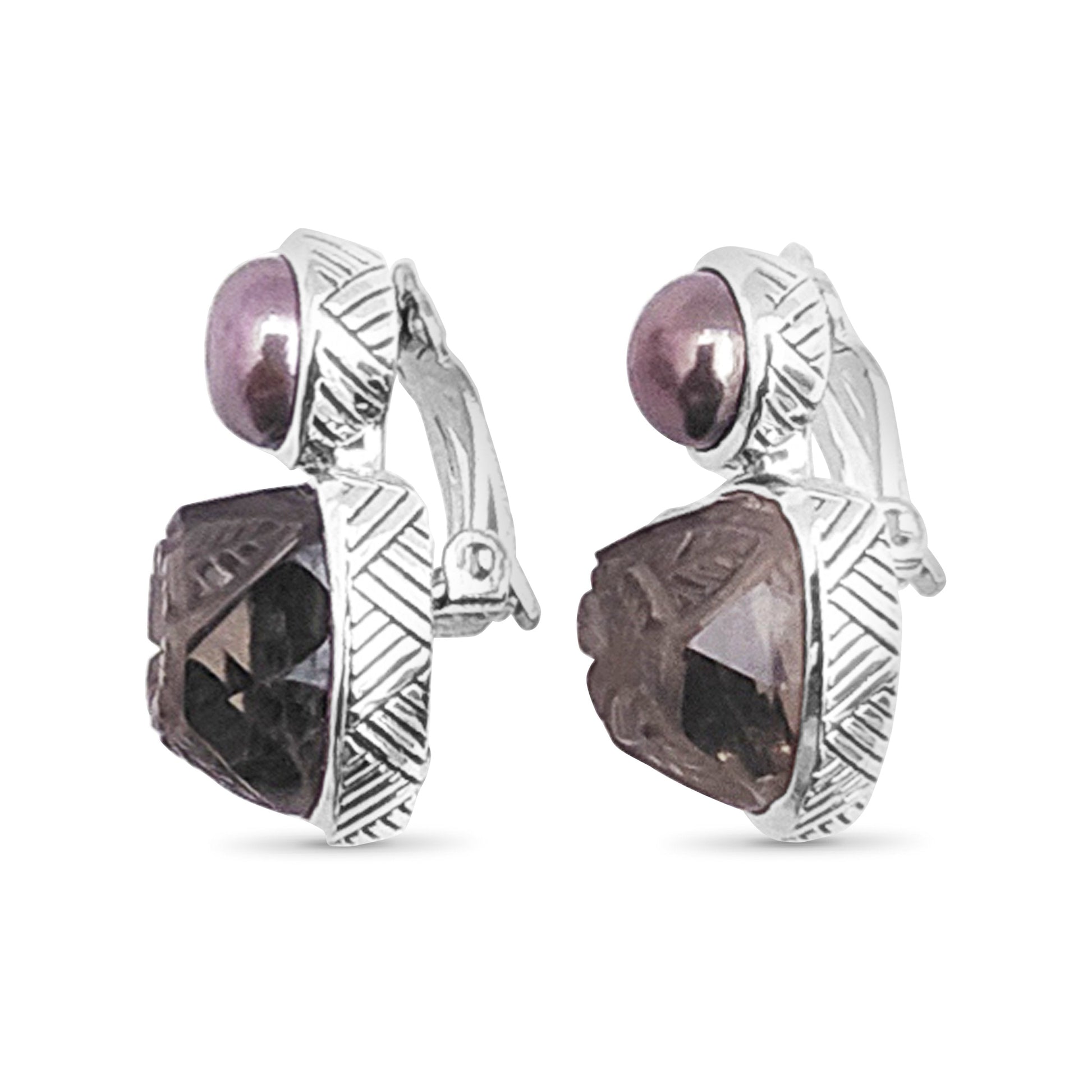 carventurous-golden-pearl-and-hand-carved-smoky-quartz-clip-earrings-in-sterling-silver