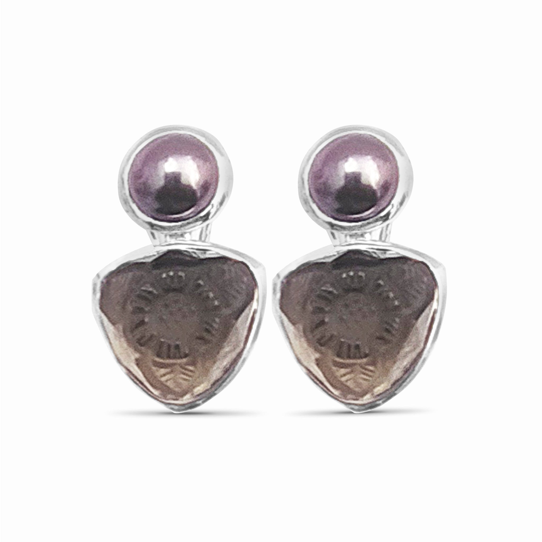 carventurous-golden-pearl-and-hand-carved-smoky-quartz-clip-earrings-in-sterling-silver
