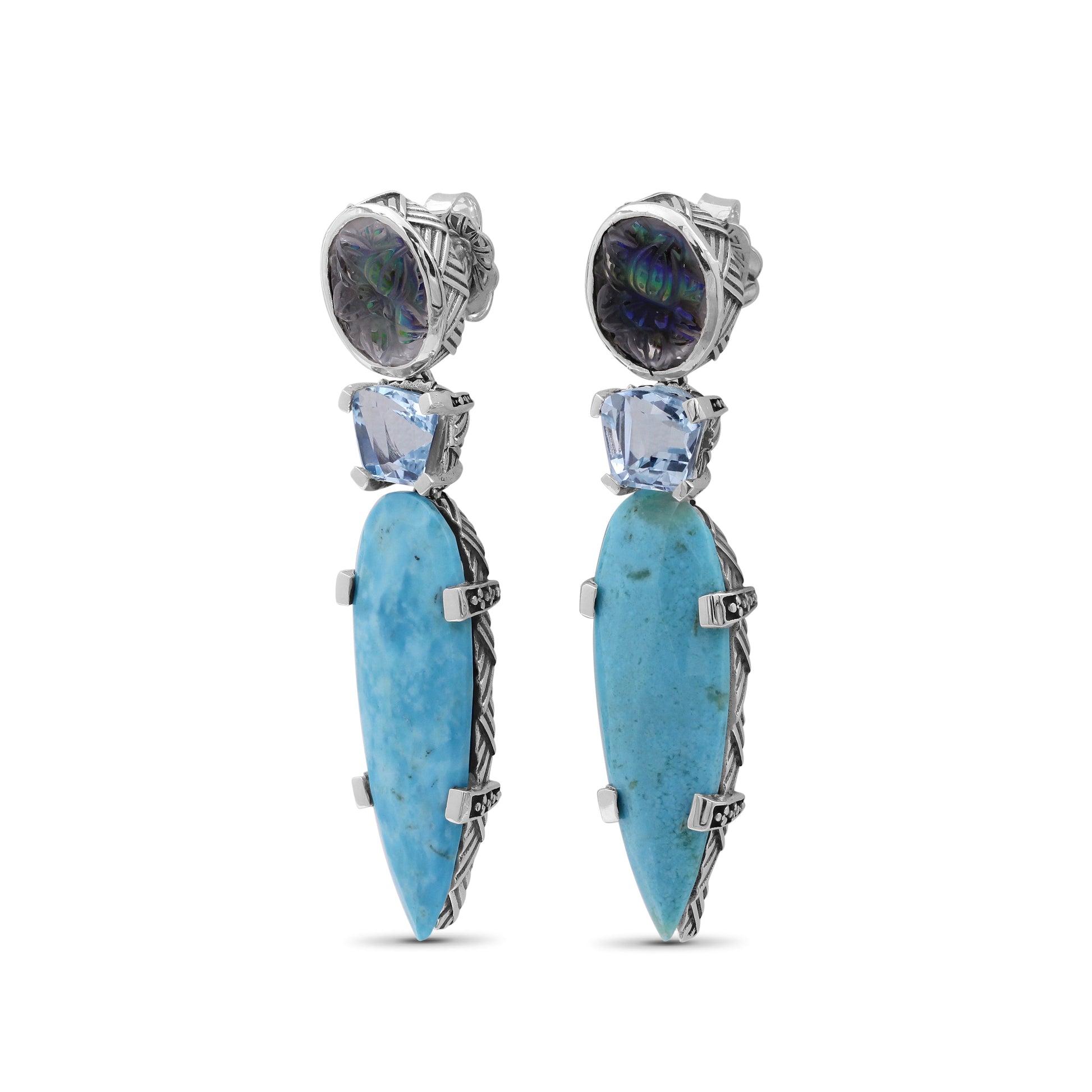 carventurous-hand-carved-natural-quartz-abalone-faceted-blue-topaz-and-faceted-turquoise-earrings-in-sterling-silver