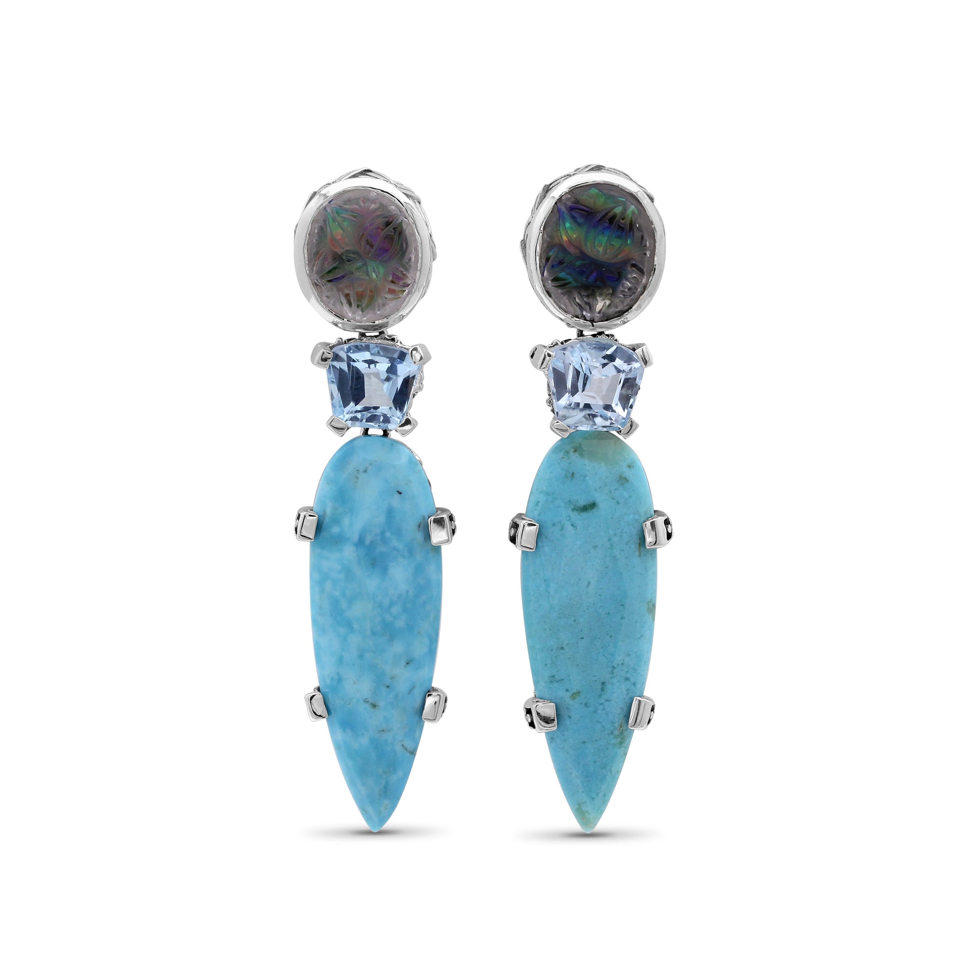carventurous-hand-carved-natural-quartz-abalone-faceted-blue-topaz-and-faceted-turquoise-earrings-in-sterling-silver