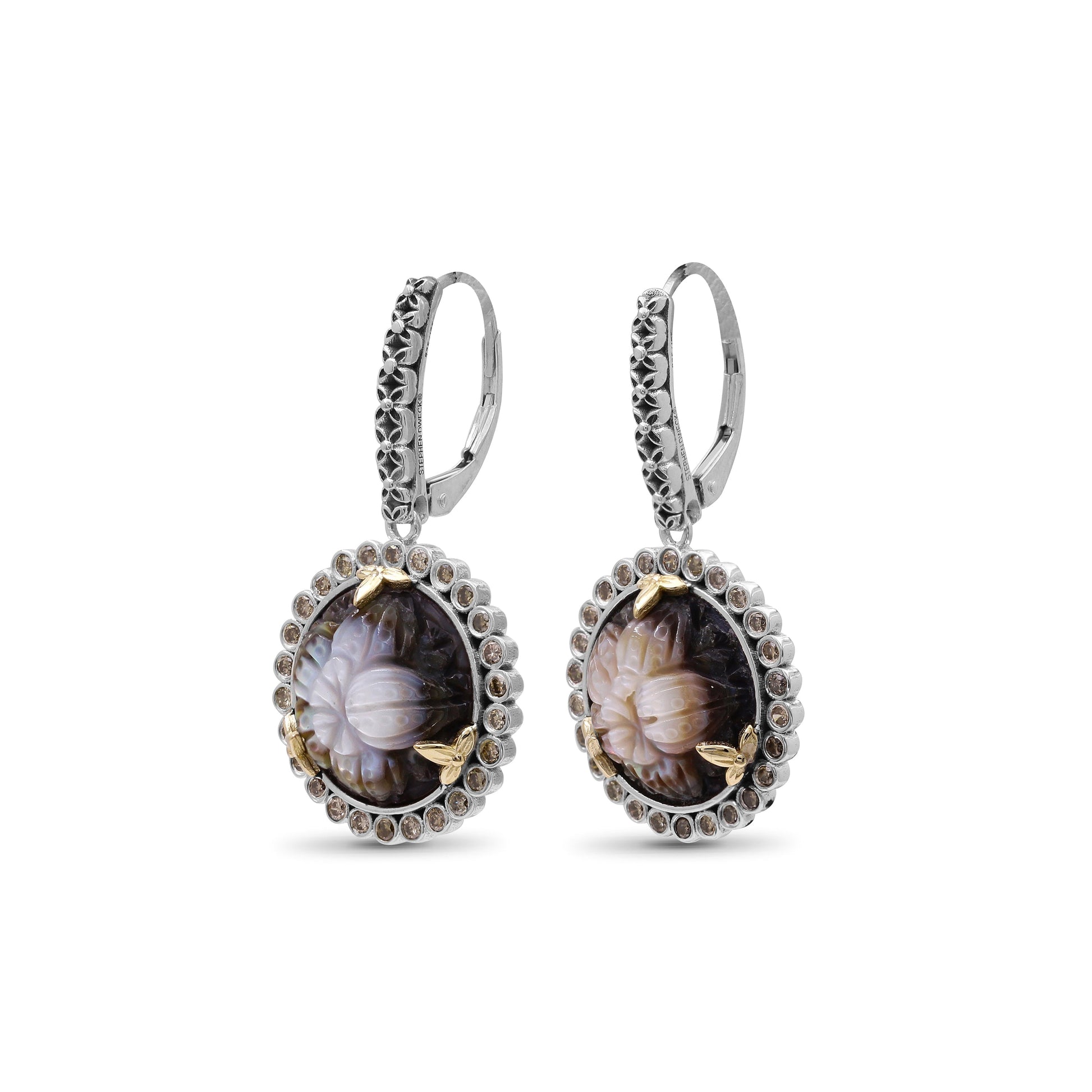 carventurous-hand-carved-multi-hued-mother-of-pearl-earrings-in-sterling-silver-with-champagne-diamonds-and-18k-gold-flowers