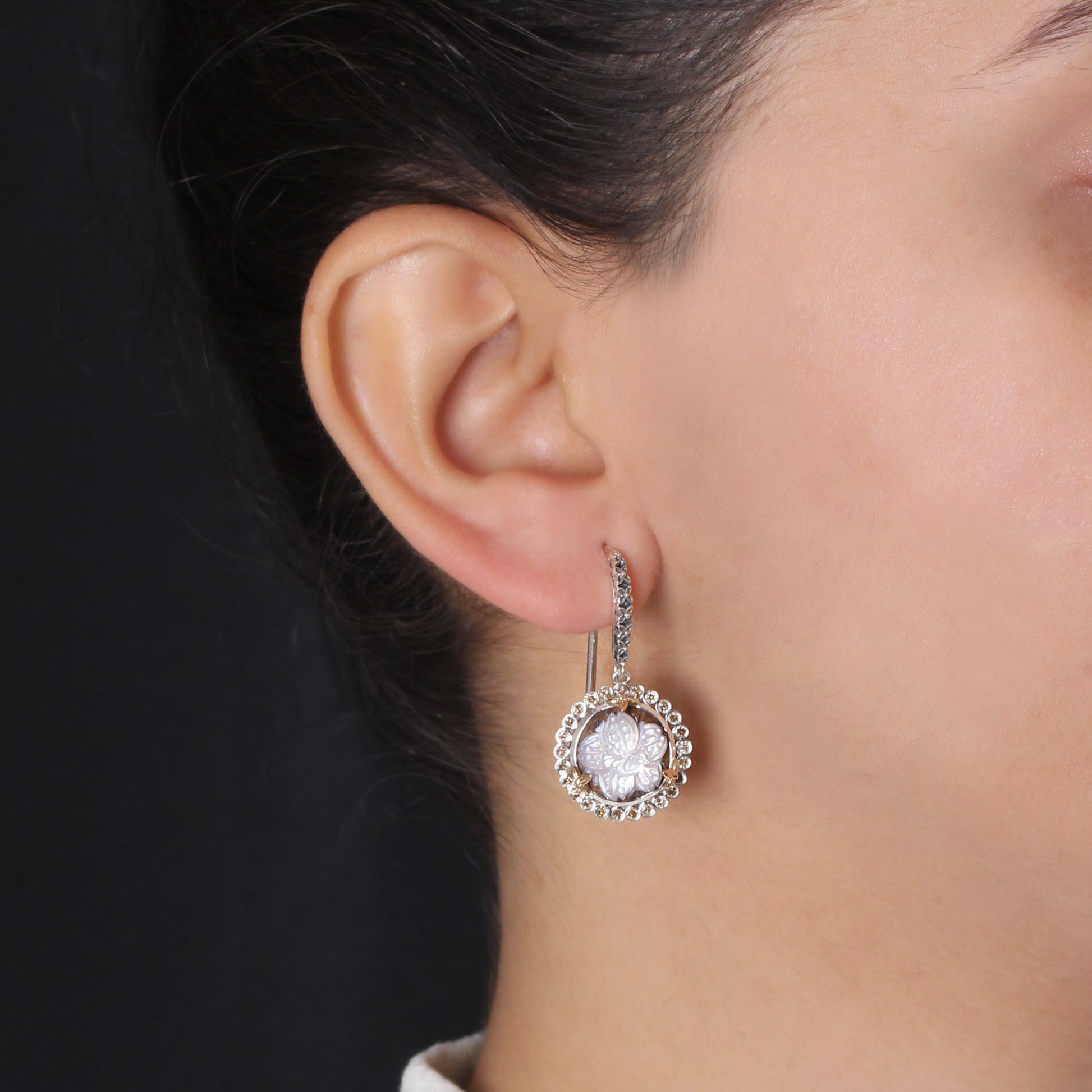 carventurous-hand-carved-multi-hued-mother-of-pearl-earrings-in-sterling-silver-with-champagne-diamonds-and-18k-gold-flowers
