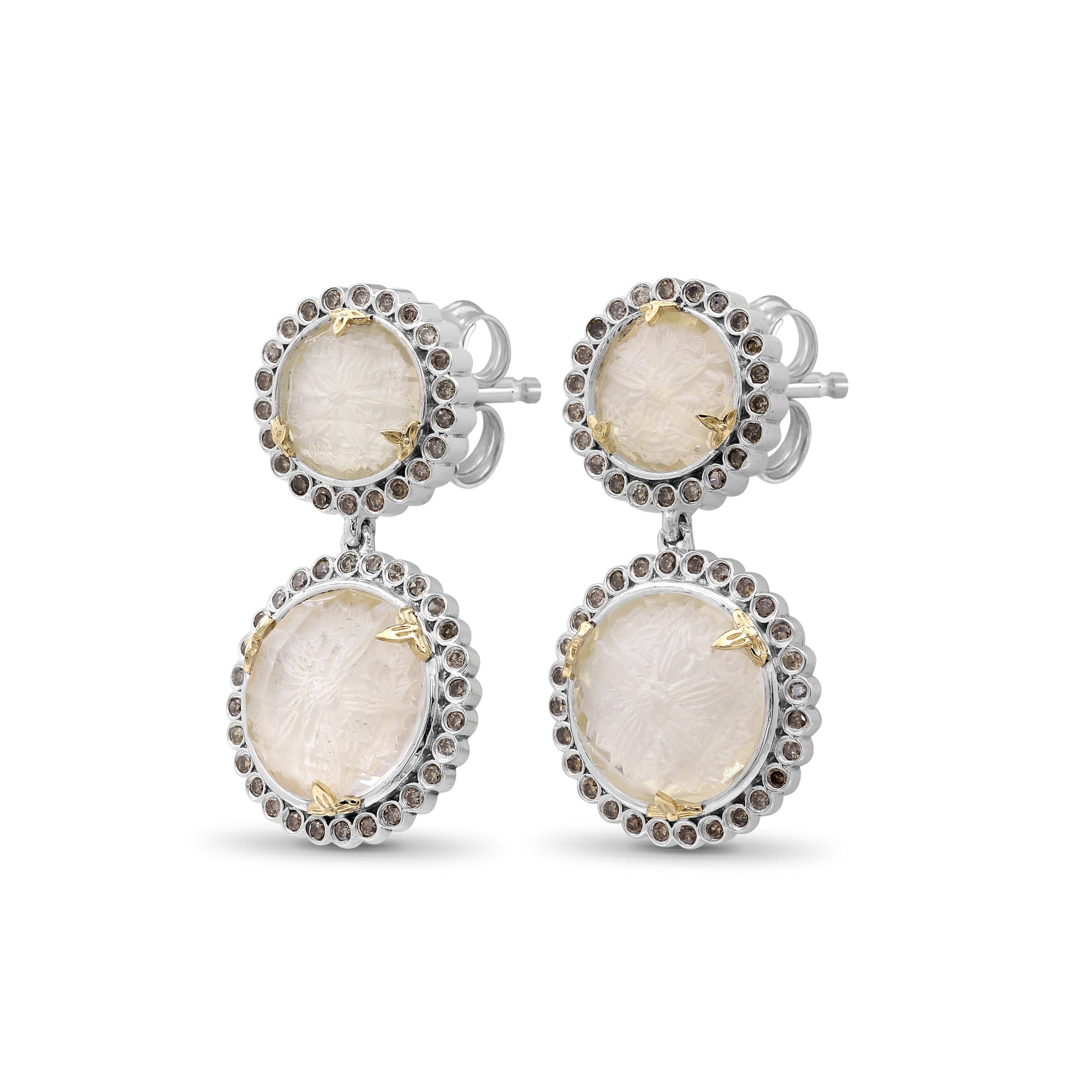 carventurous-internally-carved-natural-quartz-gold-lining-with-champagne-diamonds-earrings-in-sterling-silver-with-18k-gold-flowers
