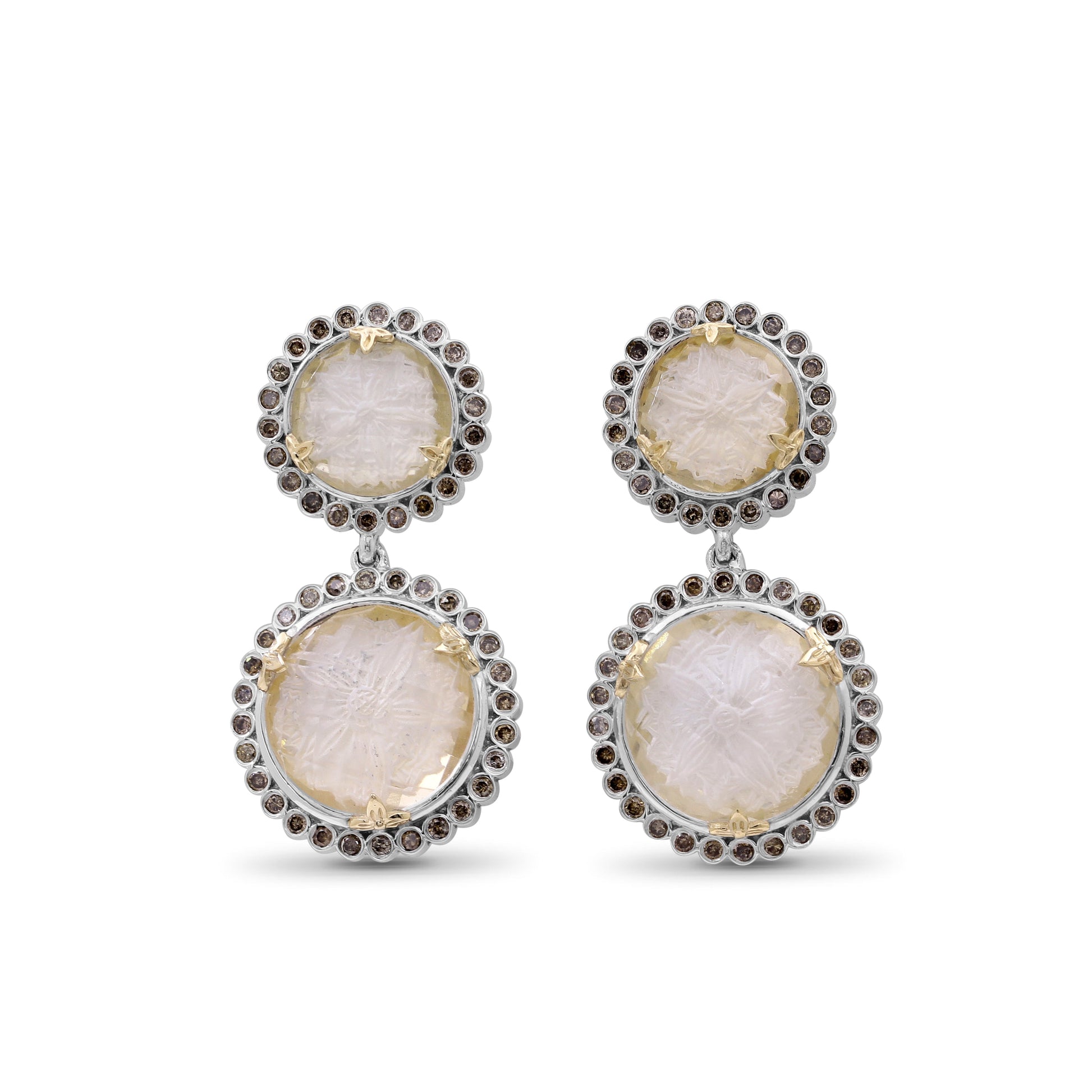 carventurous-internally-carved-natural-quartz-gold-lining-with-champagne-diamonds-earrings-in-sterling-silver-with-18k-gold-flowers
