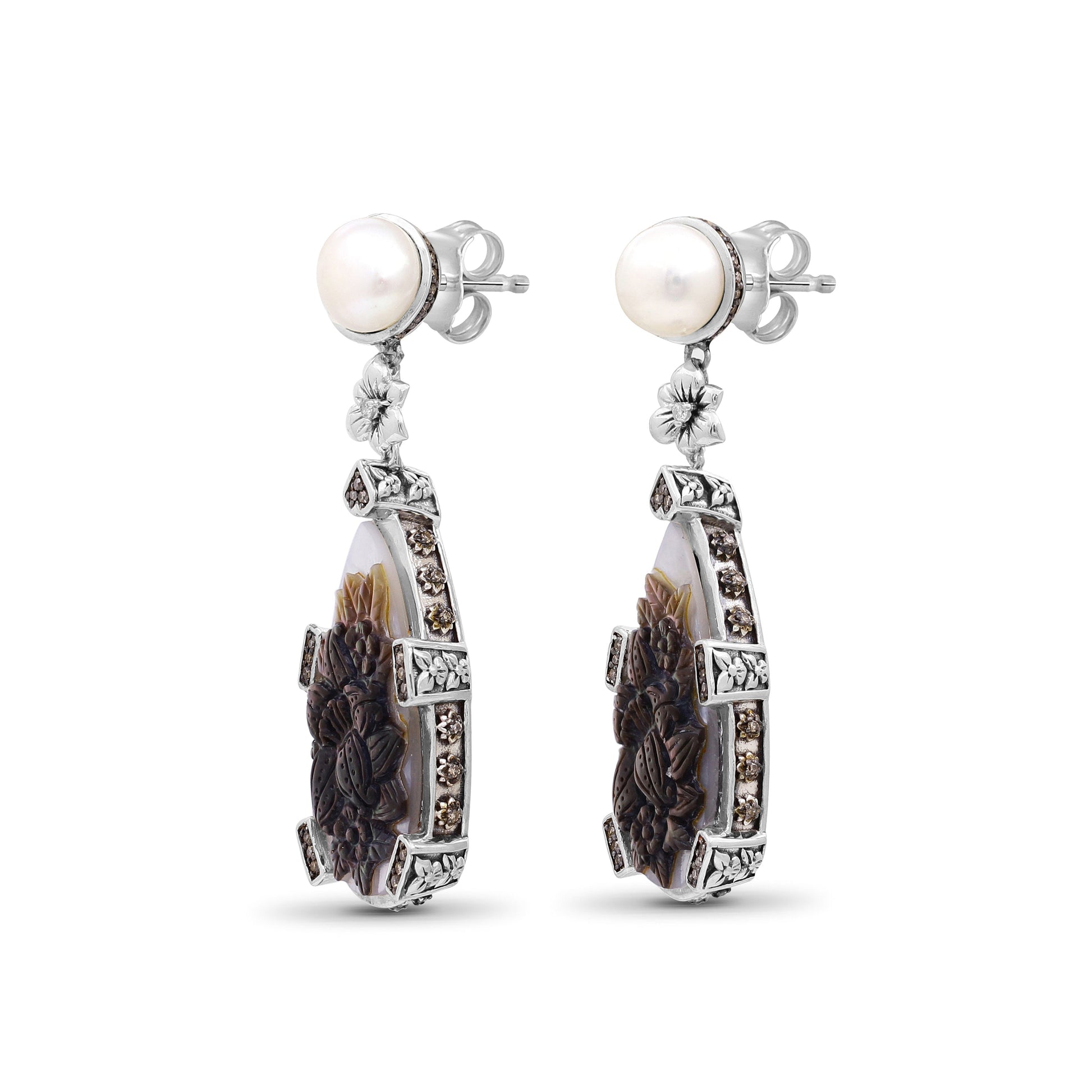 carventurous-white-pearl-carved-mother-of-pearl-earrings-with-champagne-diamonds-in-sterling-silver