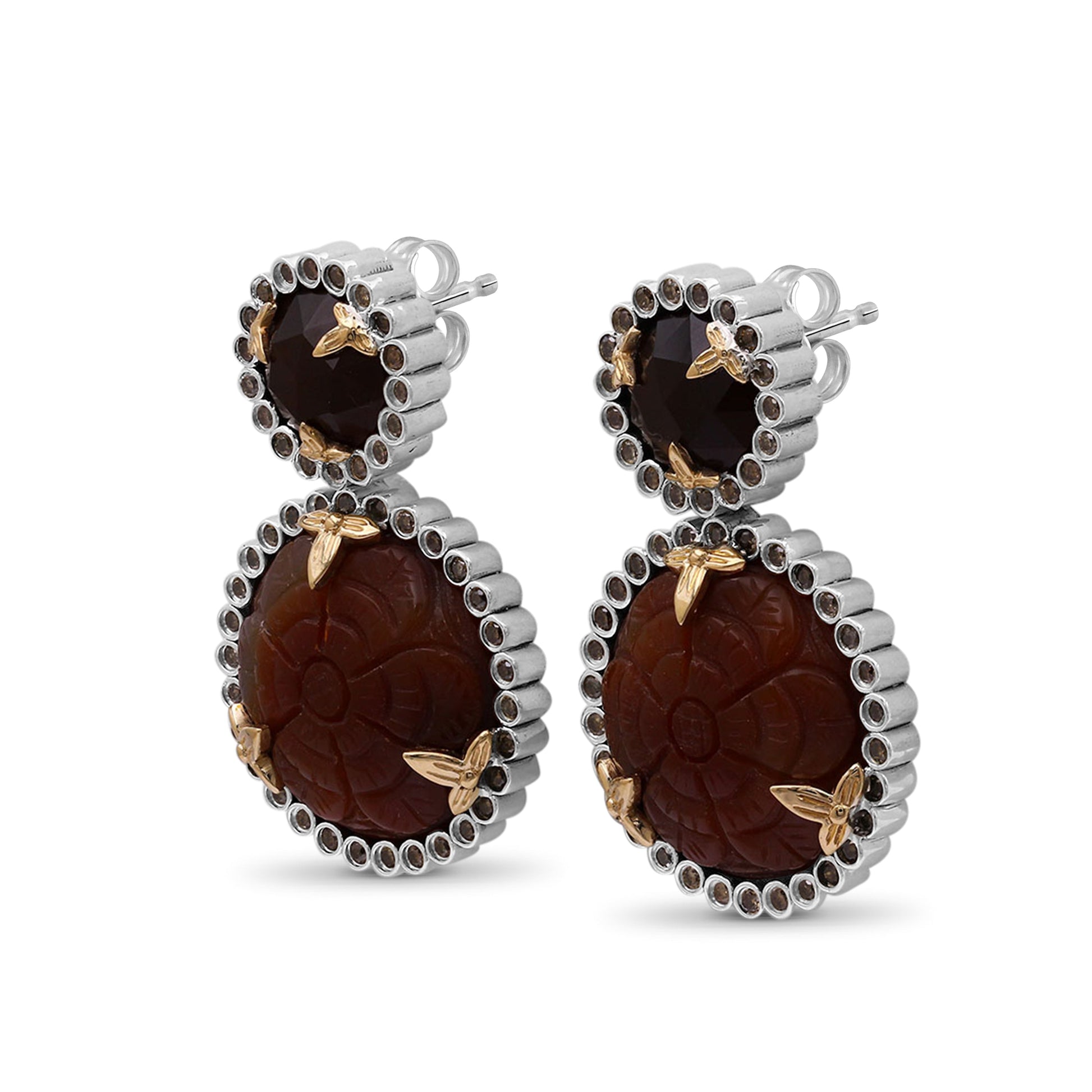 carventurous-hand-carved-and-faceted-carnelian-and-champagne-diamond-1-15ct-earrings-in-sterling-silver-with-18k-gold-flowers