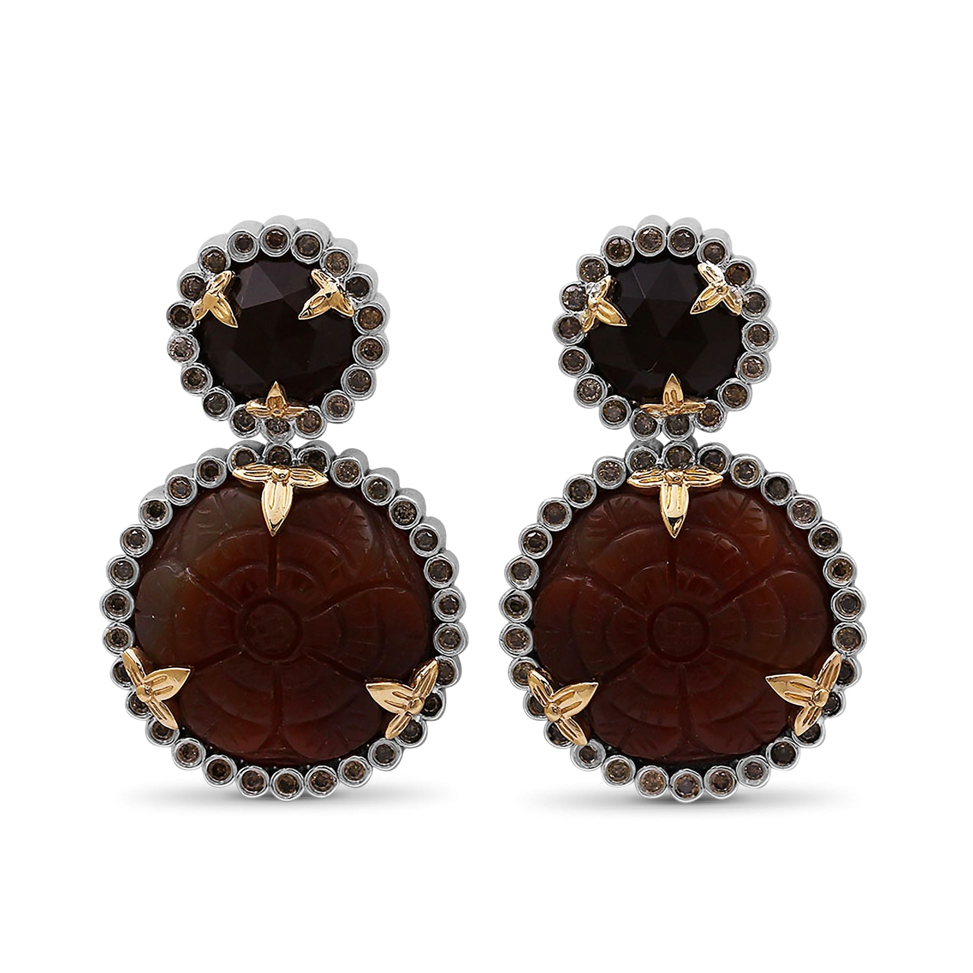 carventurous-hand-carved-and-faceted-carnelian-and-champagne-diamond-1-15ct-earrings-in-sterling-silver-with-18k-gold-flowers