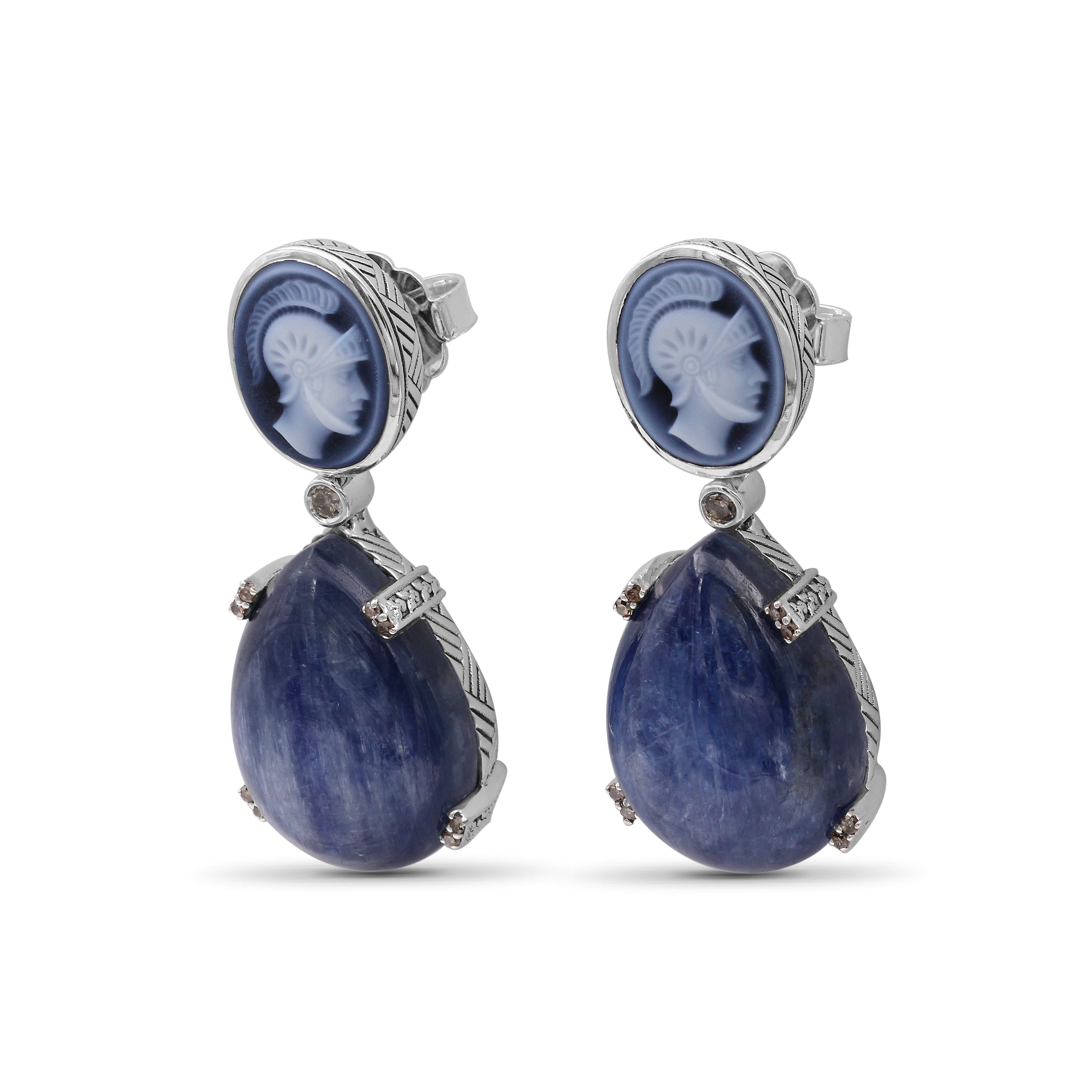carventurous-hand-carved-agate-cameo-7-5ct-kyanite-44ct-and-champagne-diamond-0-20ct-earring-in-sterling-silver
