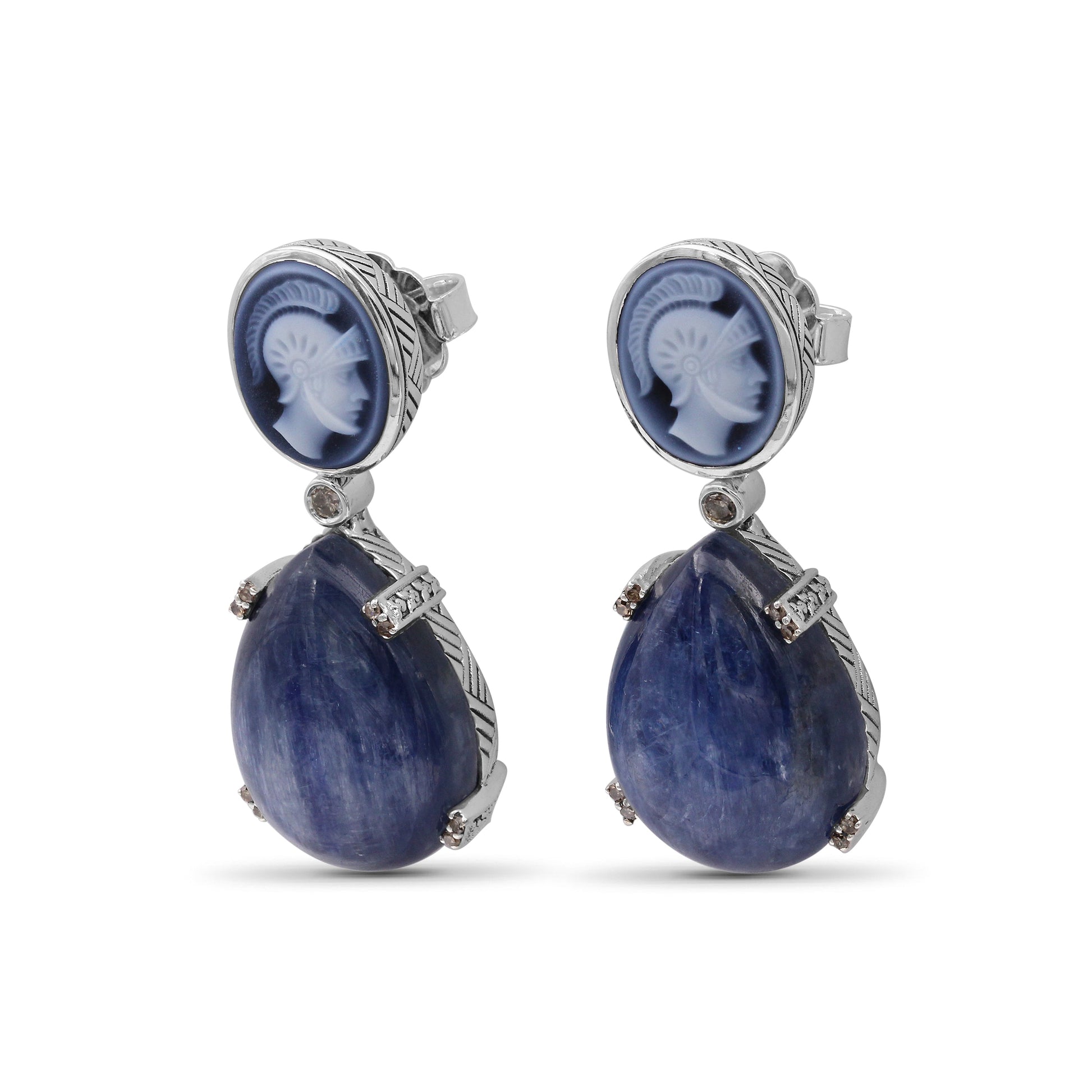 carventurous-hand-carved-agate-cameo-7-5ct-kyanite-44ct-and-champagne-diamond-0-20ct-earring-in-sterling-silver