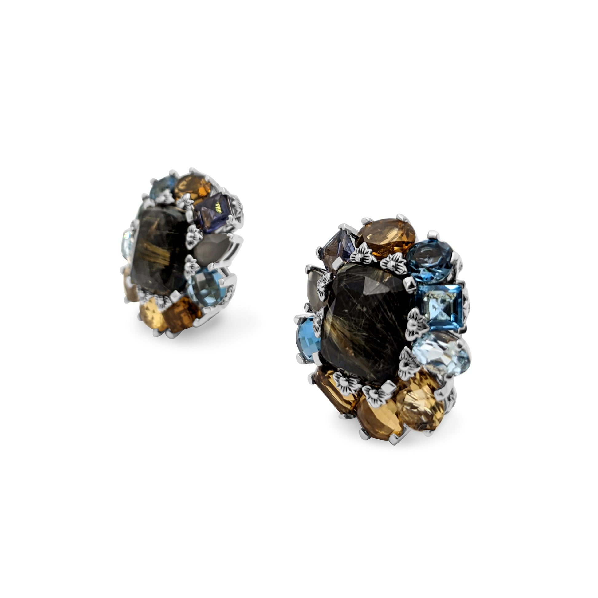 rockrageous-flower-cluster-drop-with-gold-rutilated-qtz-over-hematite-sky-swiss-and-london-blue-topaz-citrine-iolite-grey-moonstone-gemstones-earring-in-sterling-silver