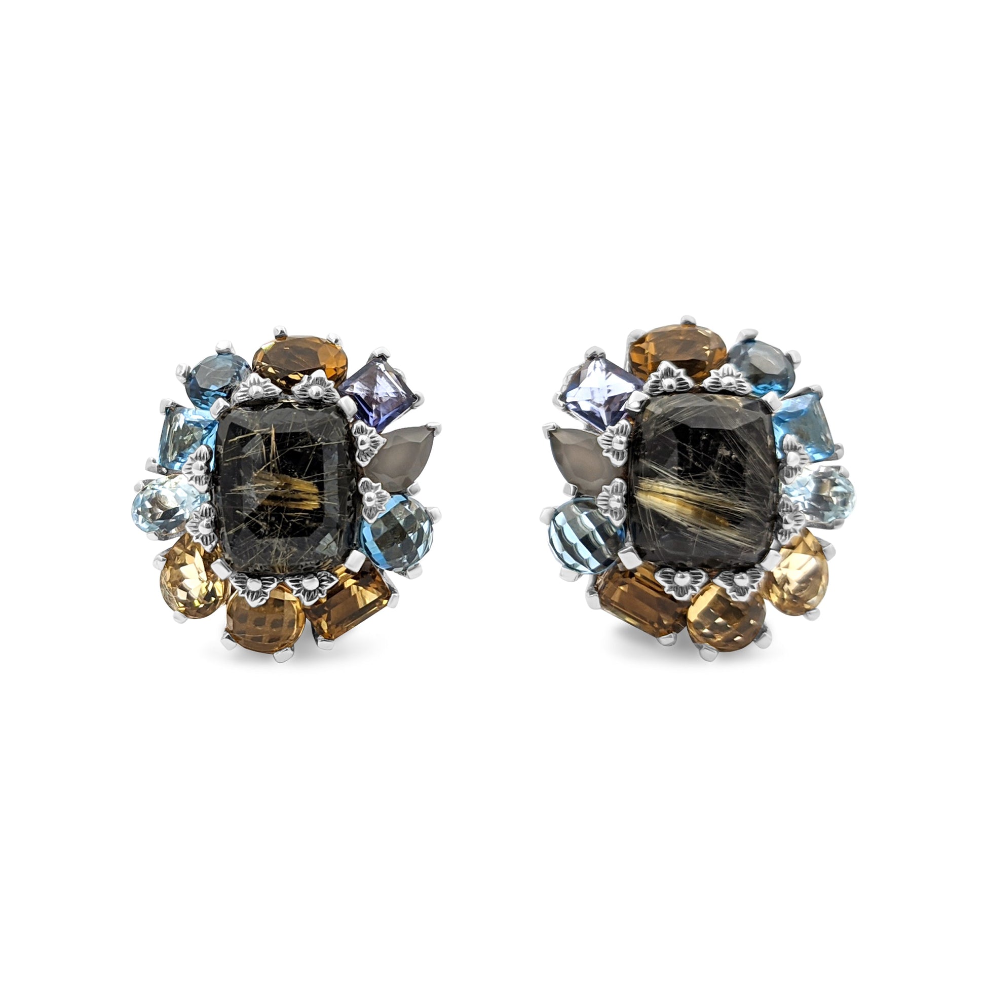 rockrageous-flower-cluster-drop-with-gold-rutilated-qtz-over-hematite-sky-swiss-and-london-blue-topaz-citrine-iolite-grey-moonstone-gemstones-earring-in-sterling-silver