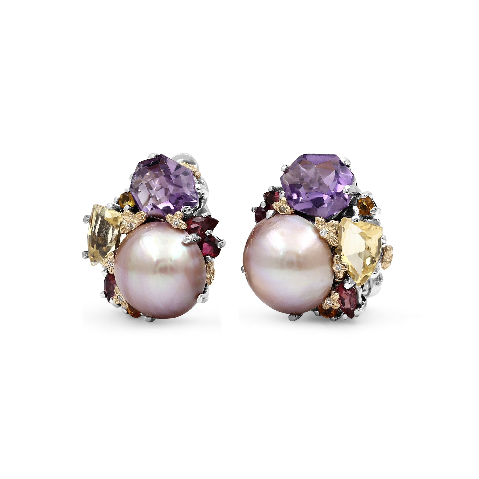 rockrageous-multi-hued-citrine-rhodolite-garnet-tourmaline-amethyst-and-golden-mabe-pearl-cluster-earrings-in-sterling-silver-with-18k-gold-and-diamond-flowers