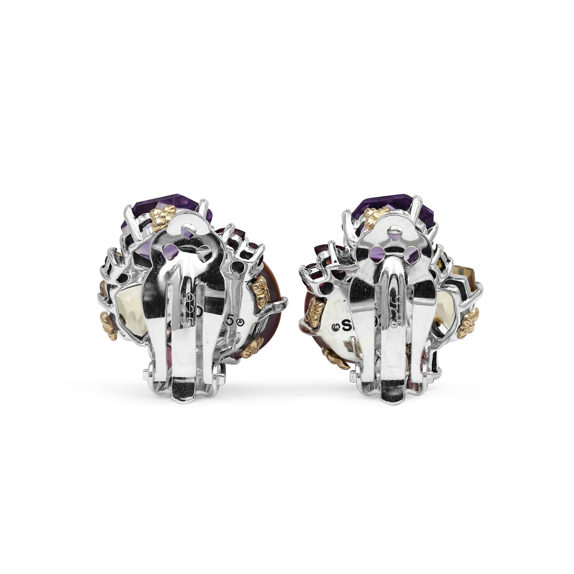 rockrageous-multi-hued-citrine-rhodolite-garnet-tourmaline-amethyst-and-golden-mabe-pearl-cluster-earrings-in-sterling-silver-with-18k-gold-and-diamond-flowers