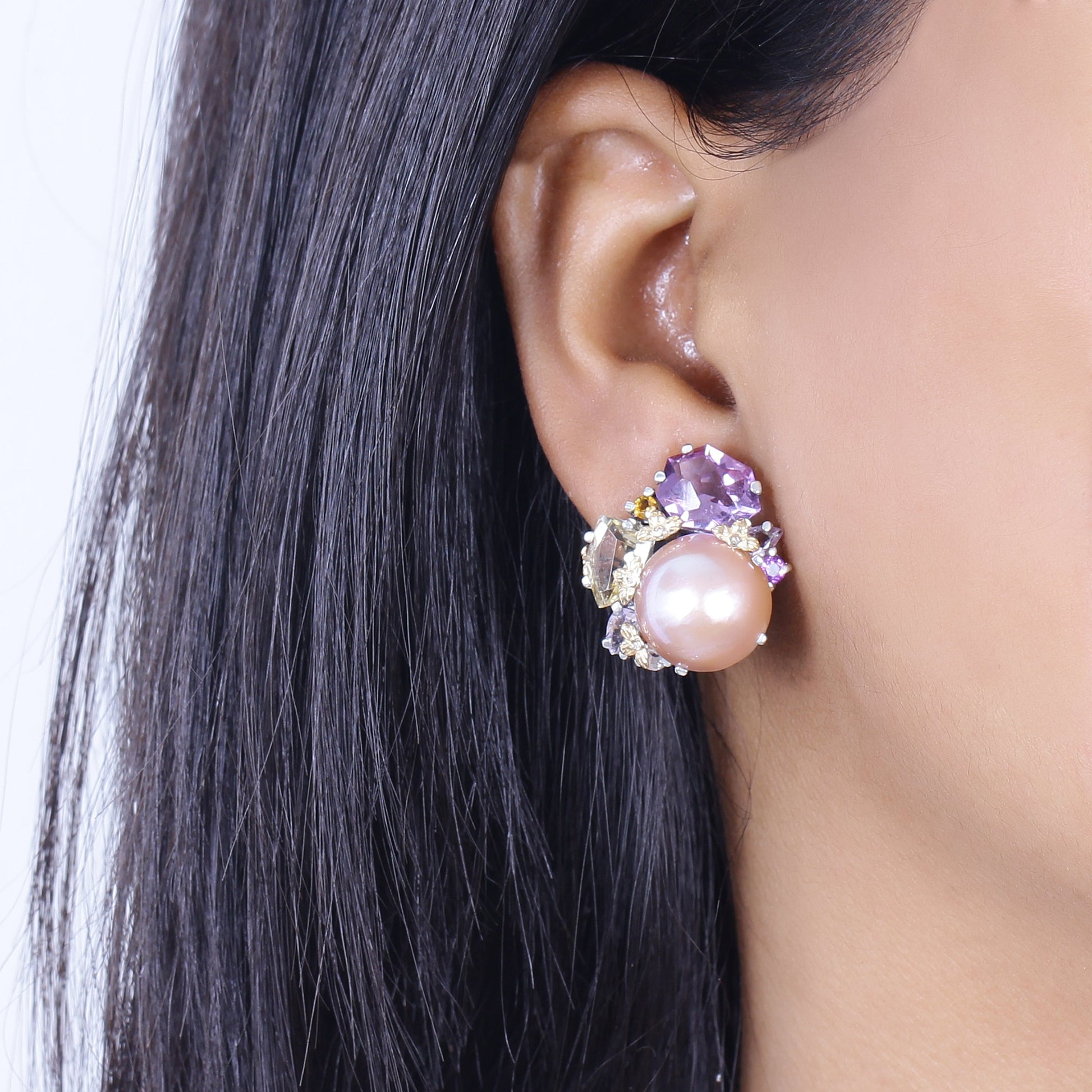 rockrageous-multi-hued-citrine-rhodolite-garnet-tourmaline-amethyst-and-golden-mabe-pearl-cluster-earrings-in-sterling-silver-with-18k-gold-and-diamond-flowers