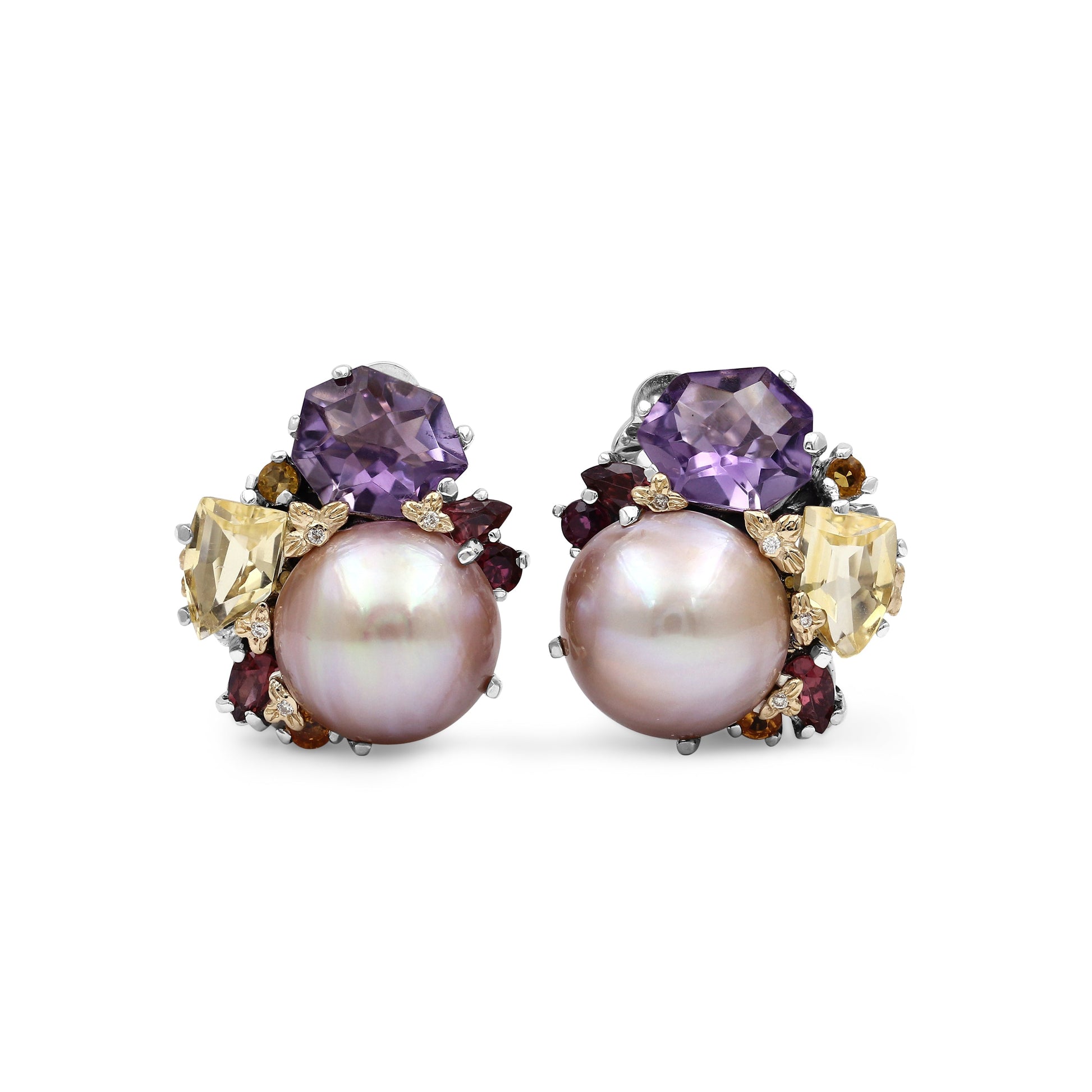 rockrageous-multi-hued-citrine-rhodolite-garnet-tourmaline-amethyst-and-golden-mabe-pearl-cluster-earrings-in-sterling-silver-with-18k-gold-and-diamond-flowers