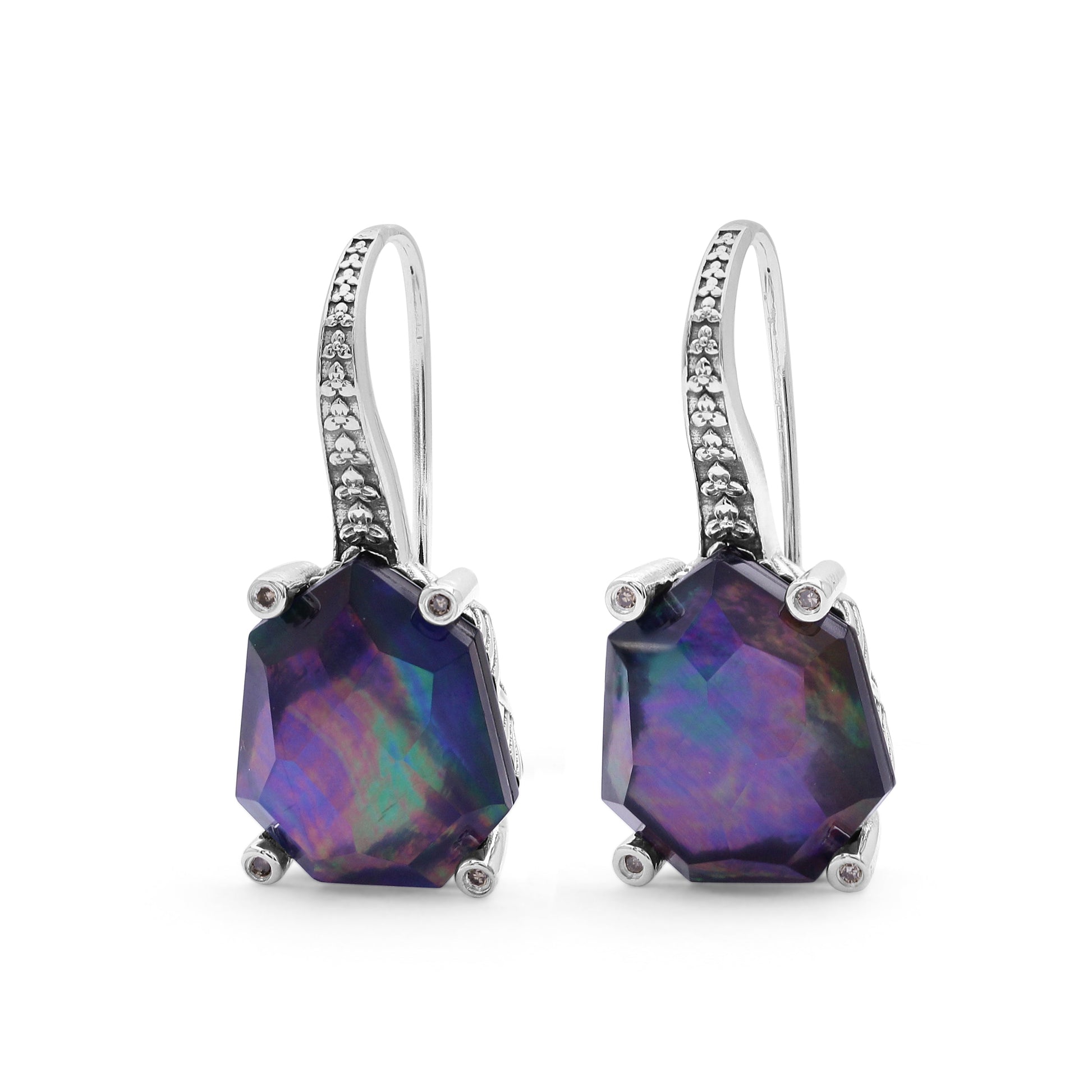 galactical-faceted-natural-quartz-mother-of-pearl-hematite-and-champagne-diamond-galactical-earrings-in-sterling-silver