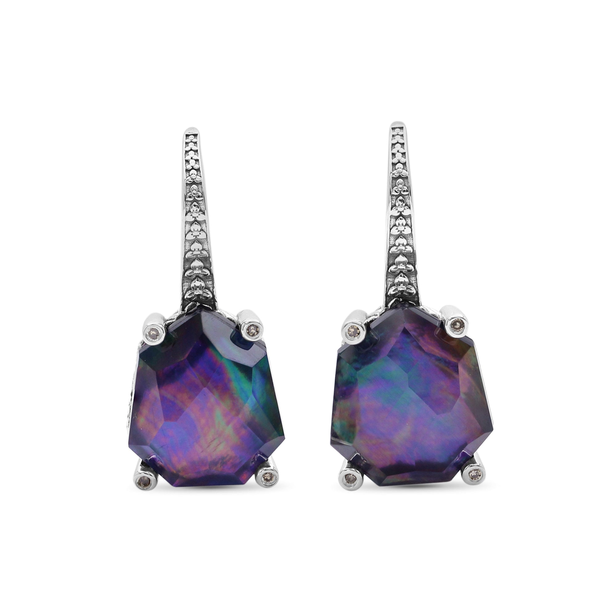 galactical-faceted-natural-quartz-mother-of-pearl-hematite-and-champagne-diamond-galactical-earrings-in-sterling-silver